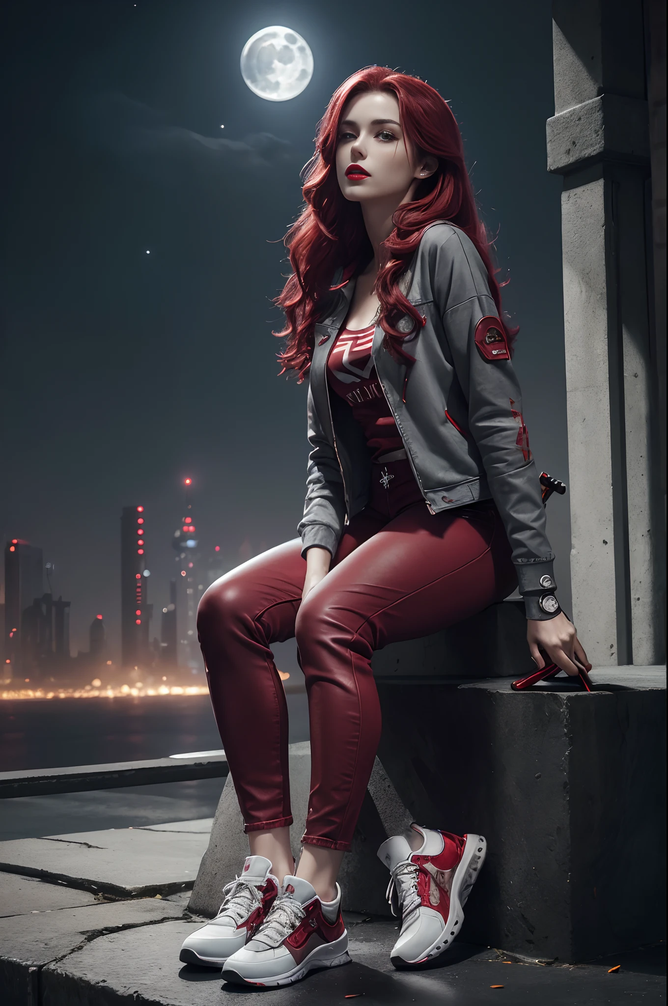(Sci-fi fantasy), (Masterpiece), (professional oil painting) (best quality), (8k resolution), (1 beautiful girl), ((pale gray skin)), (iron gray skin), ((jeans clothes)),(red jacket)), ((sexy red t-shirt ), ((red lipstick)), ((black sneakers)), (comcept art), normal chest, (long hair), (messy hair), (red hair), (iron gray hair), ((with futuristic weapon)), (ammunition), ((moonlight of the night)), (sitting thinking)), beautiful face, goddess face