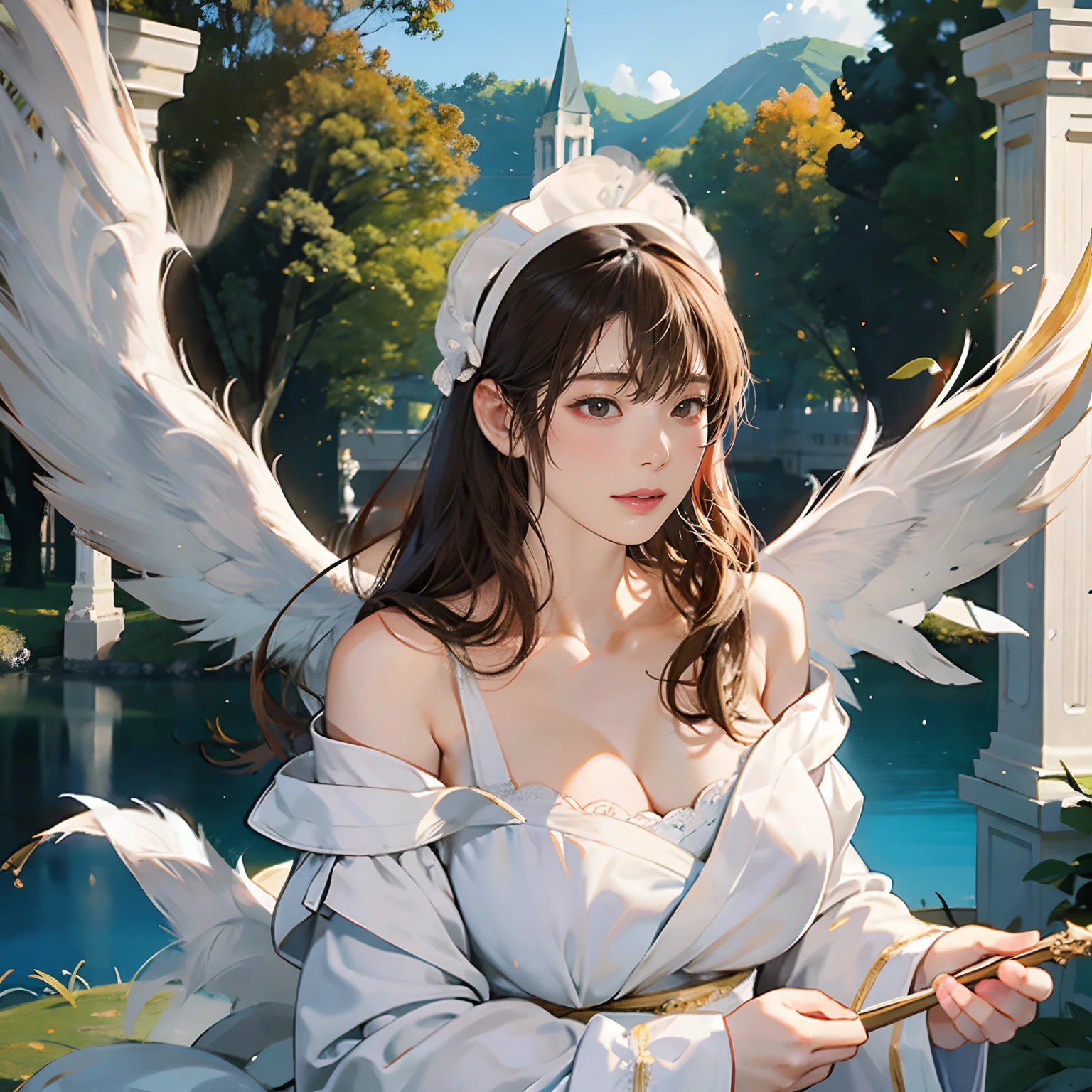 Women in Their 20s, 独奏, offcial art, unity 8k wall paper, ultra-detailliert, beautifly、Aesthetic, ​masterpiece, top-quality, Photorealsitic, a female angel、very massive white wings on the back,,,,,,,:2.0、3 pairs of wings left and right:2.0、robe blanche、White headdress with feather ornament、Holding a long steel spear in one hand、Circle of Angels Emitting Light、light magic、depth of fields, Fantastic atmosphere, Calm palette, tranquil mood, Soft shading、Forest and lake on background、 Blue sky and distant castles、Green Tree々、Beautiful Landscapes、bbw、very large breast、Huge breasts、cleavage of the breast、plump figure、Flock of white birds