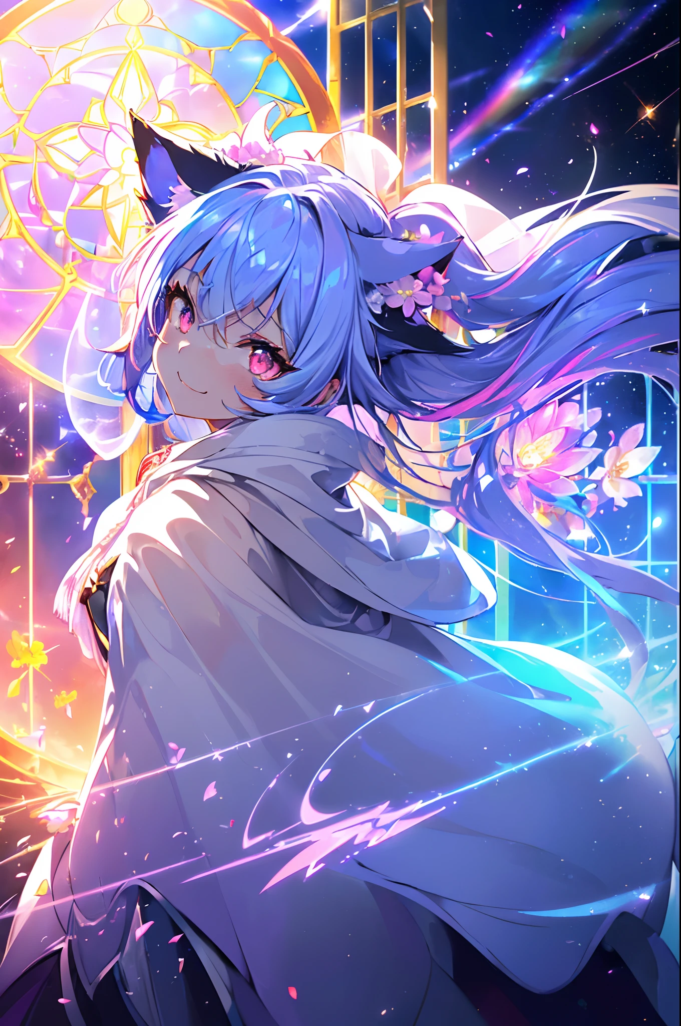 (Cat's ears:1.4)(Irridescent color、Bright pink and dark pink hair 1.4),(The length of the bangs was cut evenly,:1.3) ,(large twin tails:1.3),(Stardust Red Eyes:1.3), (perfectly detailed eyes:1.3),(angry、Smile:1.3),(Face Focus:1.3),(breast closeup:0.7), (Proudly mischievous smile:1.3),(Fun and fun,A smile:1.3),(Adventurer Wizard:1.3),(Extended Video Angle:1.4),(A wizard who manipulates fire:1.3),(dance:1.3),Her skin is pale,(Emitting an aura of light,(Face Zoom:1.3),Highest Quality, (Accurately grasp the rainbow-colored magic ball:1.3),(Many blue glowing blades fly around her:1.3),Complex castle town,Lens Flare, Big rainbow,The moon shines,money, bloom, ((light glow)), chromatic abberation], Digital Painting, Insane details, Intricate details, Beautifully color graded, Anime Clothing,Unreal Engine, Cinematic , colour grading, Editorial Photography , Photography, Kiss Shot, Canon 5D Camera Photography,Shot on 70mm lens, Depth of subject, ultra sharpness, nffsw, octane, Unreal, Dramatic light, Global Illumination,Motion Picture Film,rainbow,lensflare,(Flower Window Avenue:1.3),(White priestess cloak:1.3),(Agfacolor:1.3),(close portrait:1.3),(Feminine:1.4),(Beautiful:1.4),(Attractive:1.3),Move an angle,Themed Background,（Rainbow Church Background:1.3）
