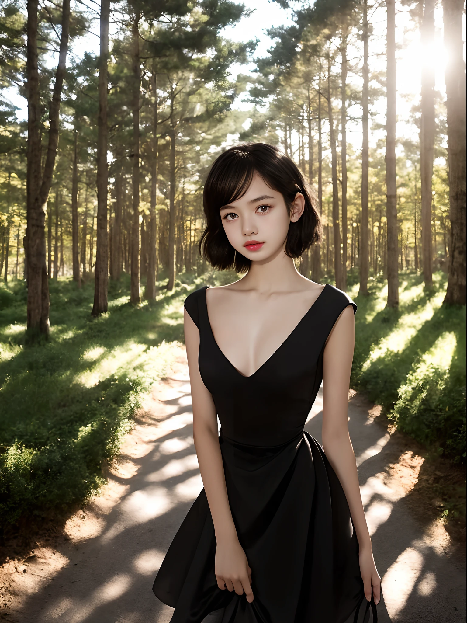 ((-teen girl)), bldress with a V-neck, photo of the girl breast to face, very fair skin, short hair, forest, wooden houses, sunset, photorealistic, indirect lighting, volumetric light , ray tracing, hyper-detailed