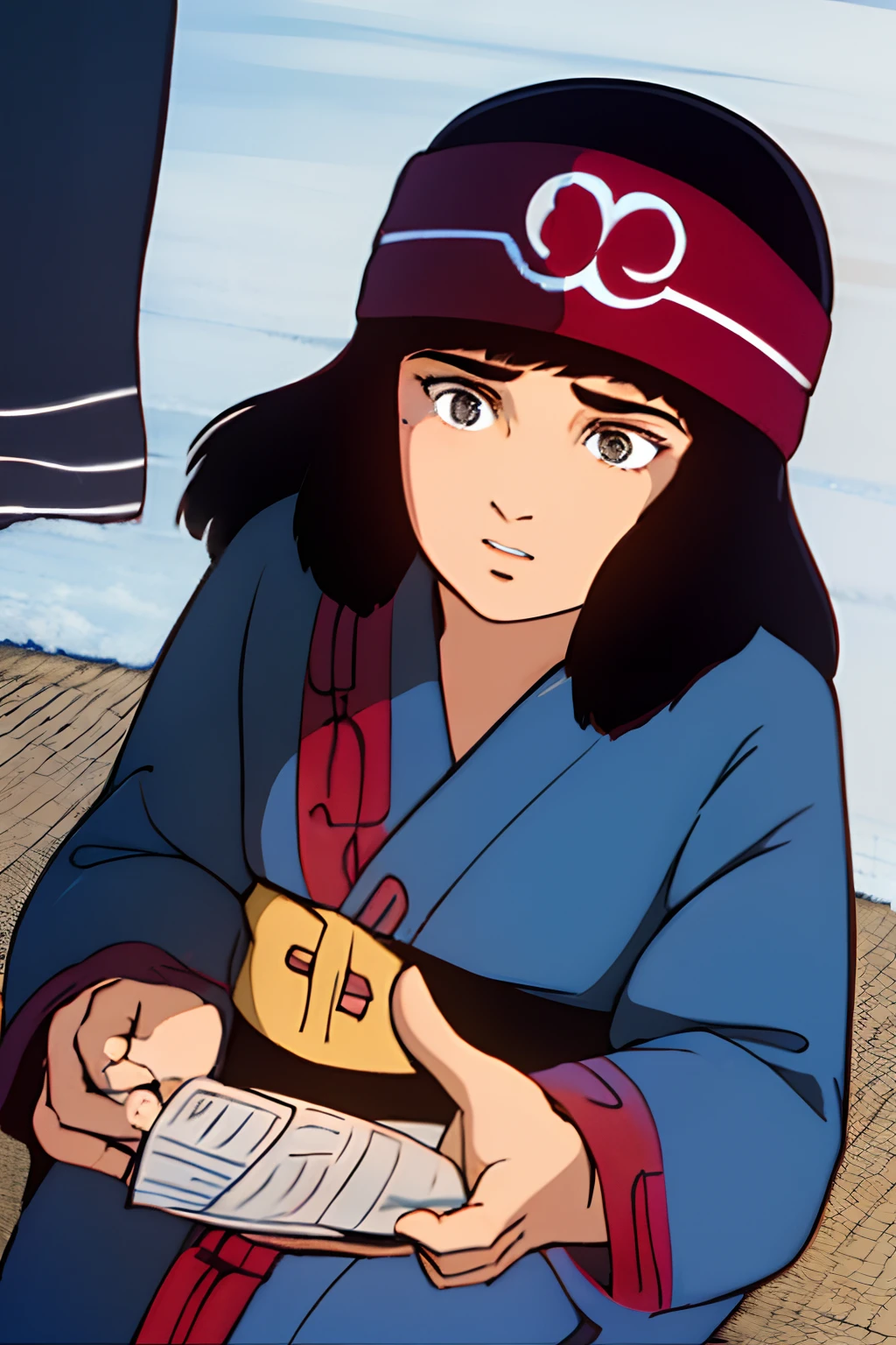 1girl in, KIO MAP, jet-black hair, Middle hair, Ainu print bandana, Dark blue Ainu costume,