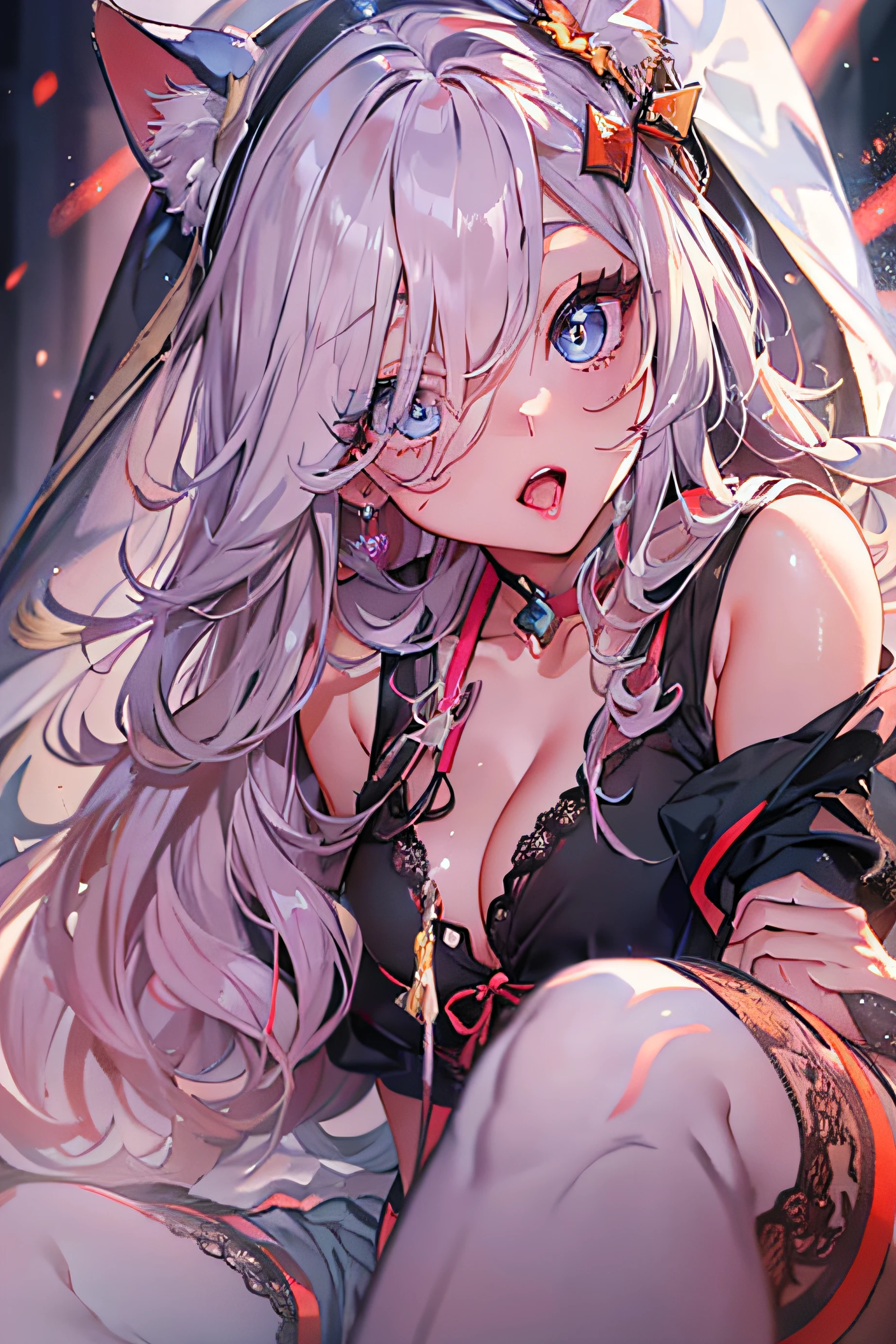(best quality, highest, 16k, HD),beautiful detailed eyes, sparkling eyes, expressive gaze, vibrant colored irises, intense stare, long daintylashes, piercing look, deepset eyes, prominent brows, wispy eyebrows, iridescent reflection, meticulously detailed eyelids, soulful eyes, dreamy glances, mesmerizing allure, sensuous peepers, breathtakingly captivating eyes, hypnotizingly beautiful eyes, alluring orbs, gorgeously enchanting eyes, luminous big eyes, (finely detailed beautiful eyes and detailed face, masterpiece, full body shot, side lighting, masterpiece, best quality, detailed, high resolution illustration, 8K ), (1girl, solo, alone) alluring face and chest, big chest, sexy (1girl,whole body, lustrous skin, looking up, looking at viewer), (multi-colored hair, dumpling hair, cat-girl, red crop top, black panties, black sexy bra , open top hoodi ,slave clothes,3 swords,  open mouth, tongue-out, wearing lace black pantyhose), (Complete head：1.9)，meticulous portrayal of face,a matural female，Black dress long dress，(black lence stockings+)，High-heeled ribbon sandals，(Black stocking feet)，Pink White Long Hair，Prom background， Perfect body， s the perfect face， perfect hand， Perfect Finger， Perfect lips， perfect eyes， Perfect background, sport shoes