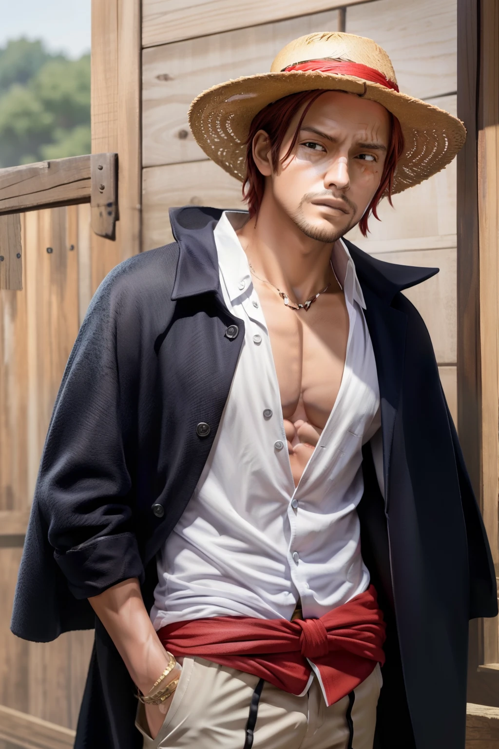 (​masterpiece、top-quality)、Red hair、Red Hair、intricate detailes、
 1 juvenile、ember、Red-haired、a straw fedora hat、shank、shank\(onepiece\)、facial scar、shorth hair、The shirt、white  shirt、male focus、Open clothes、shirt with collar、trouser、cape、coat、Open shirt、facial hairs、scarred、sandal、pectoral muscles、Partially unbuttoned、cleavage of the breast、coat on shoulders、naturey、landscapes、The upper part of the body、a straw fedora hat、