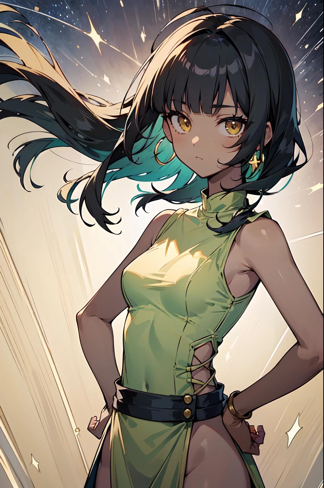 1girl, solo, teen, cute petite girl, (dark skin:1.25), black hair, (long hair, big hair), ((hime cut, blunt bangs, blunt sidelocks)), hair flowing down, messy hair, straight hair, yellow eyes, glowing eyes, egyptian clothes, colorful dress, (jade green dress, golden accesories), old fashioned clothes, (smallbreasts), inexpressive, neutral, standing, hands on hips, looking at viewer, (upper body), (impressionism, starry night, abstract background, floating), masterpiece, best quality, 16k