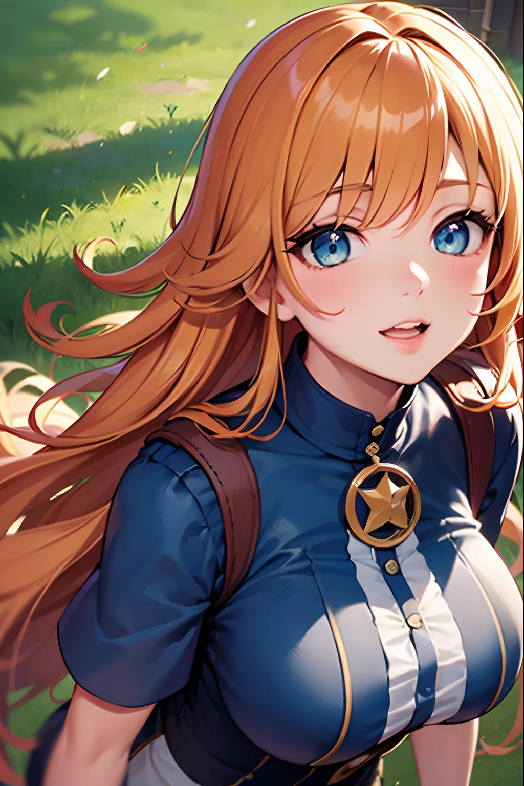 (best-Quality, 8K, 12), 1 girl, long hair,orange hair, giant breast, the perfect body, ultra detail face, detailed lips, Slender Eyes, village/farmer clothes,tanding, enticing, Excited, convex areolas, Looking Up, From directly above,sfw,left eye color lime green , and right eye color blue (two different eye colors), Petite Body, innocent looking face,