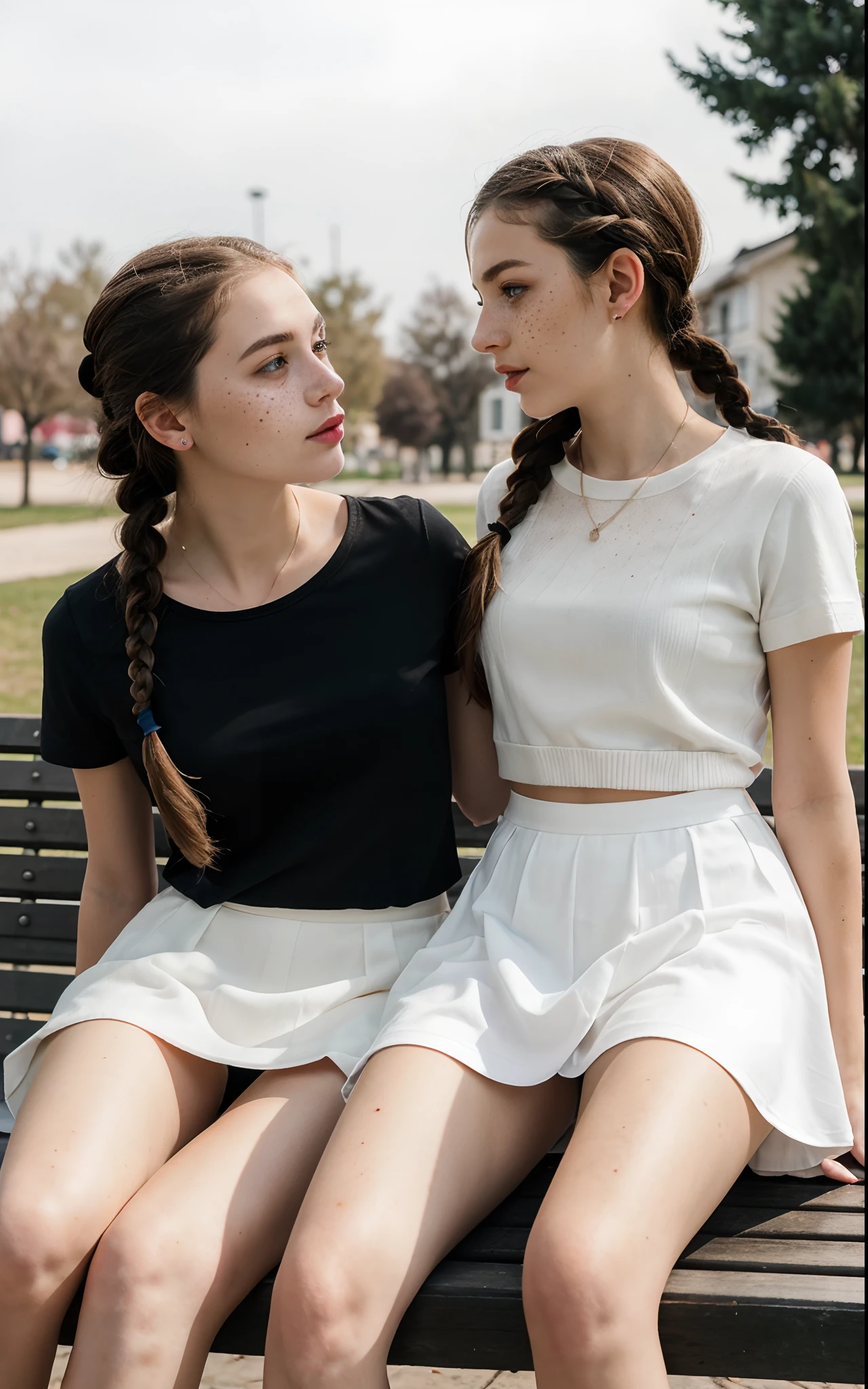 8k uhd quality, (high quality,: 1.9), high resolution, (ultra realistic: 1.9), great photo, like in real life, (photography render: 1.9), light reflection, light shadows, (beautiful Ukrainian girl: 1.9), (strange fluffy hair: 1.9), colourful hair, two braids, bow on hair, a realistic representation of the face, (large eyes: 1.5), thick eyebrows, normal ears, (plump lips: 1.5), snub nose, (acne: 0.5), (moles and freckles: 1.1), detailed skin, plump cheeks, (perfect face: 1.7), thin neck, five fingers, normal fingers, (open mouth: 1.3), black-white short skirt, knitted T-shirt, muscular pelvis, skinny collarbone, big round boobs, full body view, (hourglass body: 1.9), (short stature: 1.9), naked legs, spread legs, (one girl sits on another girl's legs: 1.5), mother and daughter, daughter sits on mother, two girls, the bench, correct women physiology