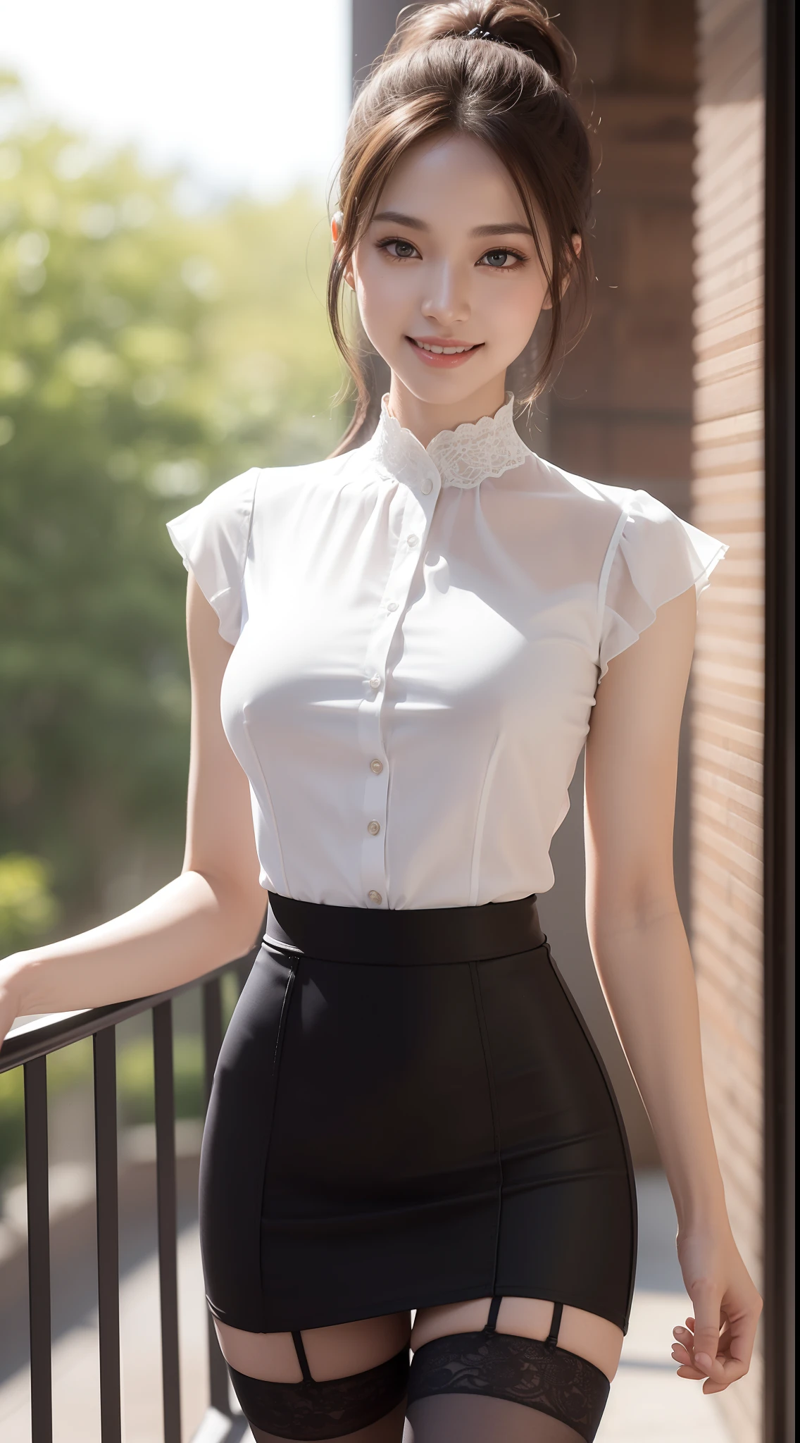 8k, masterpiece, RAW photo, best quality, photorealistic, extremely detailed CG unity 8k wallpaper, Depth of field, Cinematic Light, Lens Flare, Ray tracing, (extremely beautiful face, beautiful lips, beautiful eyes), intricate detail face, ((ultra detailed skin)) 1girl, in the dark, deep shadow, pretty asian girl, 1 girl, (very slim slender fit-muscled body:1.3), ((looking at viewer)),(big smile:1.3), (short skirt ), (red mini skirt ), pantyhose, clear eyes, walking , front shot, (pale skin), (big eyes), face forward, ((black shirt)), (brown hairs), (laced blouse),,(looking at viewer:1.3) very slim, medium breasts, (camel toe), laced stockings, ponytail, short hair