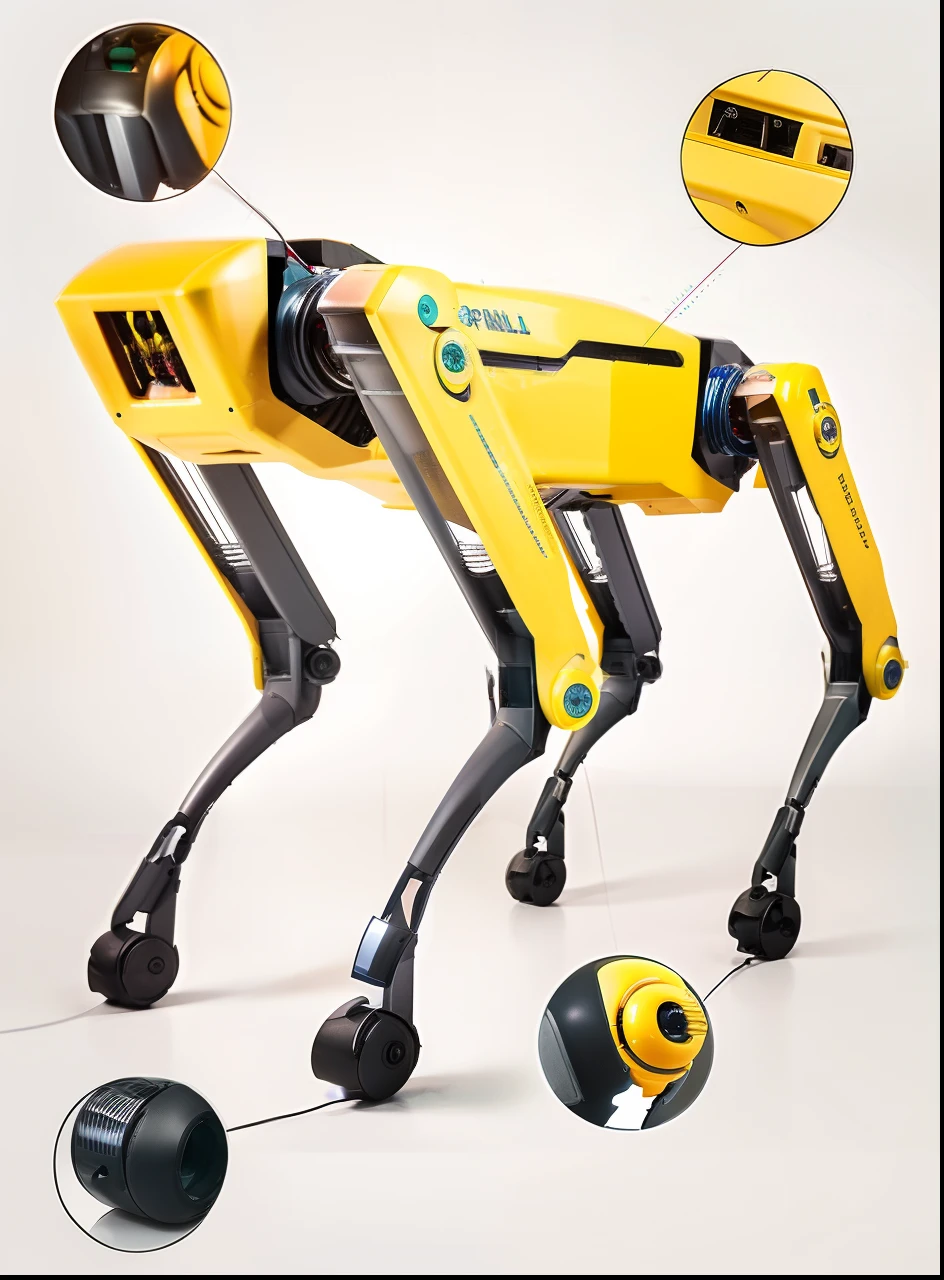 Un primer plano de un perro robot amarillo con ruedas y ruedas, Industrial mechanical robot dogs, animal robot, perro robot, un perro robot, Boston dynamics, Industrial robotic cats, robotic cat, Robots de Boston Dynamics, bipedal, robotic, quadruped, Concepto de robot, Patas de gato robot para pies, restos de perros robot destruidos, Robot Dachshund, Perro cyborg, Patas de gato robot afiladas