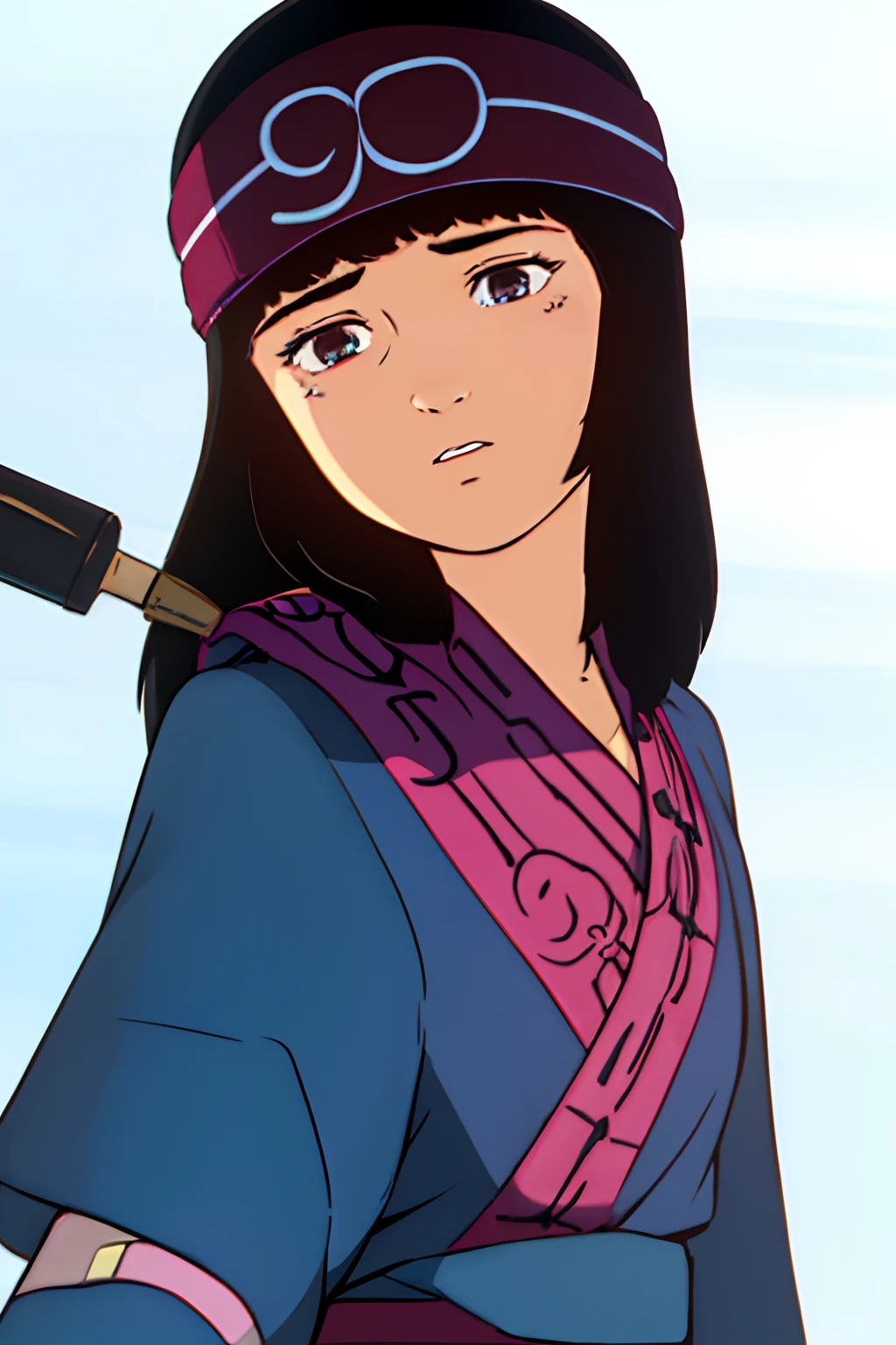 1girl in, KIO MAP \(Kamui's dagger\), jet-black hair, Middle hair, Ainu Print Bandana, Dark blue Ainu costume, ((Face Focus, Face Close-up, Upper body)),