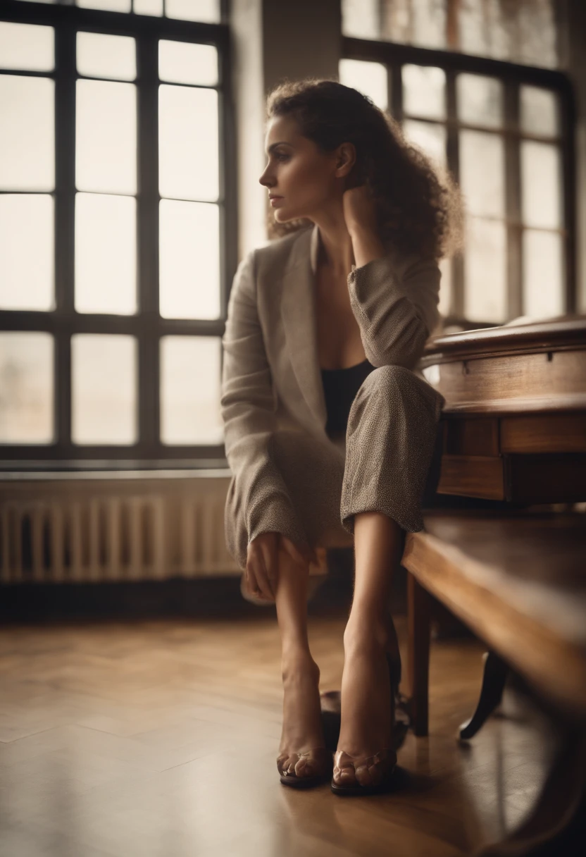 woman sitting on the desk, crossed legs, tease feet
