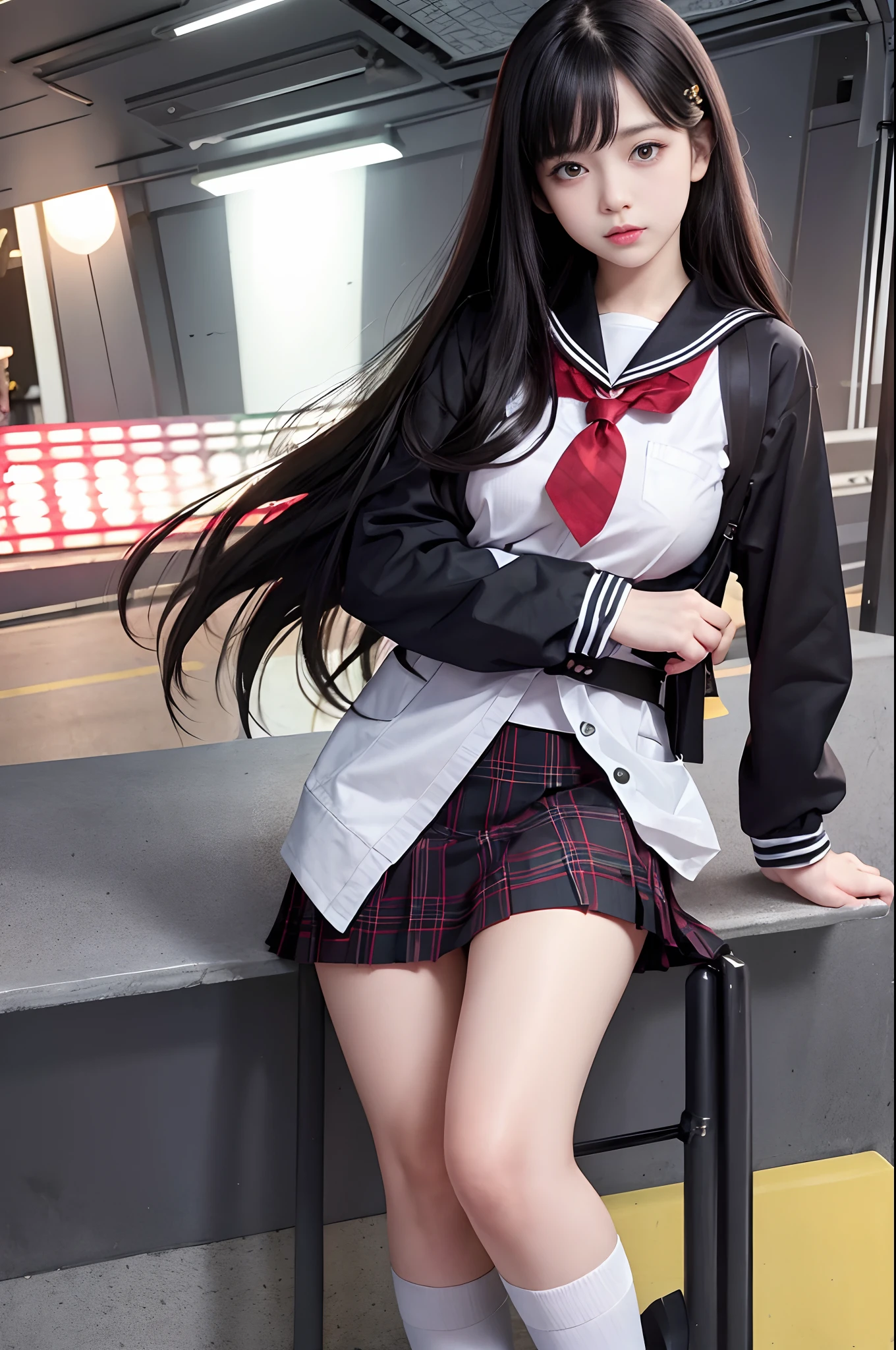 (raw photo:1.4), (photorealistic:1.3),(masterpiece), best quality, highest quality, extremely detailed CG unity 8k wallpaper, detailed and intricate, original,highres,
\\
1girl,solo,(),extremely detailed_eyes, fingernails,medium breasts,(eyeliner:0.5),(blush:0.5),black hair,long hair,hairclip, looking at viewer,NSFW,
\\
highschool,student,school uniform, sailor collar,bobby socks,school bag,skirt, plaid, plaid skirt,knees up,sitting,
\\
street, subway station, shop border, akihabara \(tokyo\), shibuya \(tokyo\), shinjuku \(tokyo\),
\\
beautifully detailed background,depth of field,loli,realistic:1.3,(ambient light:1),(neon lights:0.1),(HDR:1),(Studio Lighting:1.5),(pantyshot:1.2),from below,full body,