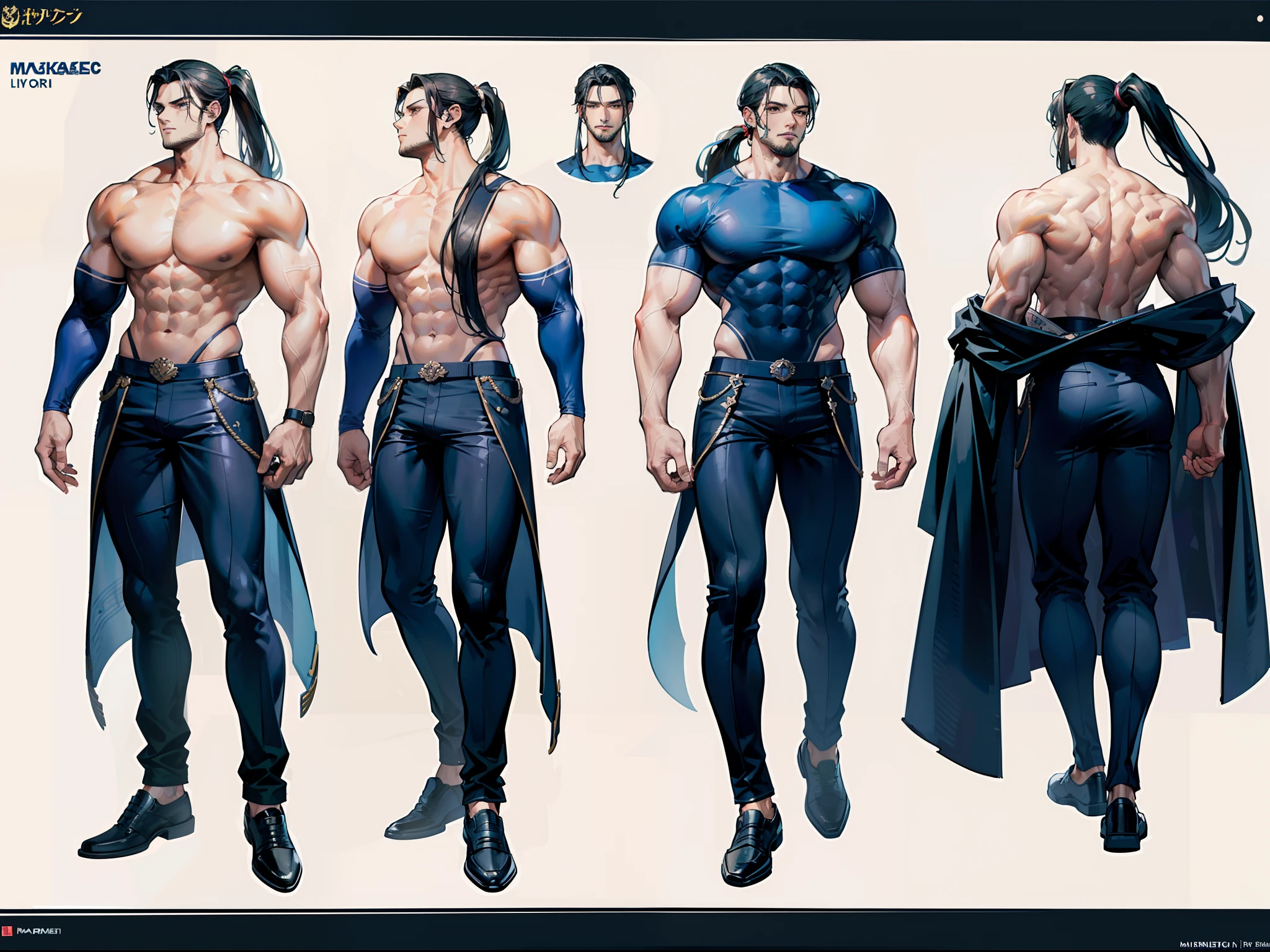 ((Masterpiece, Highest quality)), Detailed face, character design sheet, full bodyesbian, Full of details, frontal body view, back body view, Highly detailed, Depth, Many parts, Muscle boy with ponytail long black hair,handsome man, muscle body, navy, commander, man tall, pectoral muscles, abs