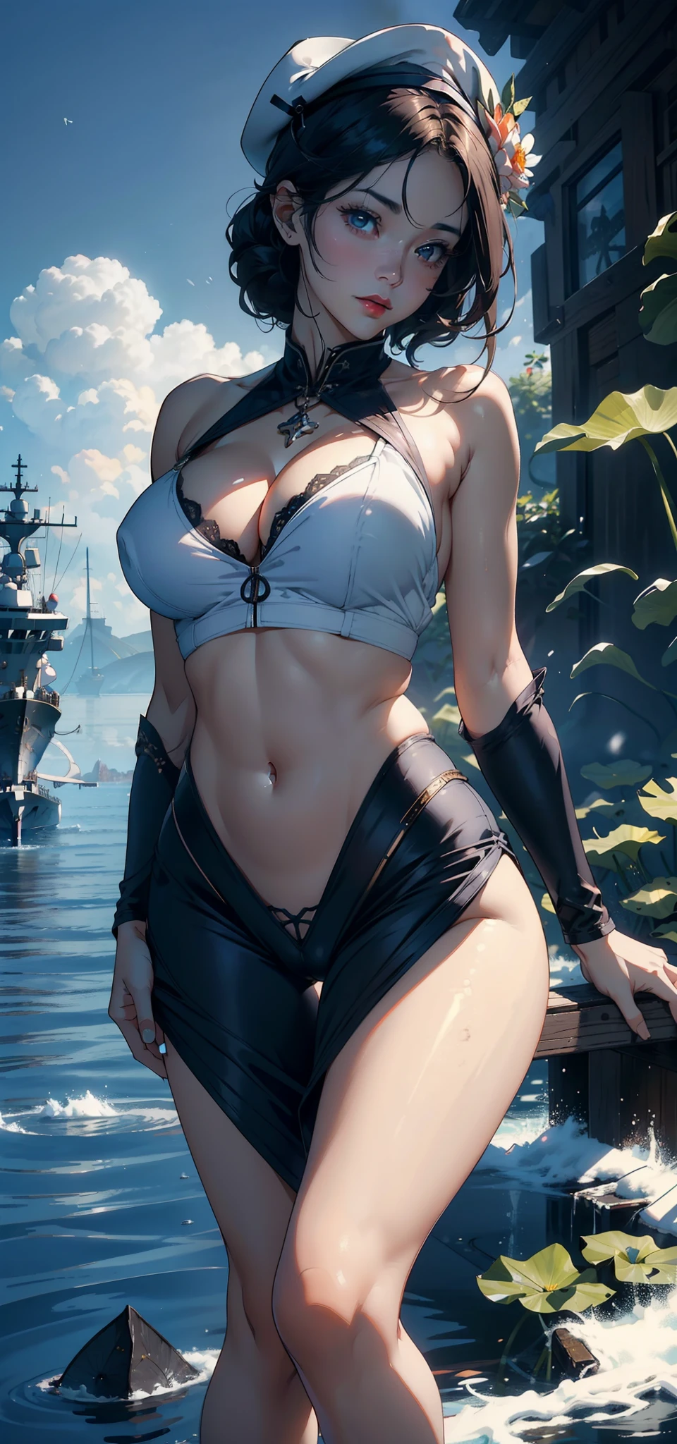 1female,35yo,plumw,extremely large bosom,Big breasts Thin waist,Long legs, 独奏,(Background with:,Mare,warships),legs are open,Bare genitalia,Bare , She has short black hair,Stand on a lotus leaf,seen from the front, single hair bun, mostly cloudy sky,(((tmasterpiece),(Very detailed CG unity 8K wallpaper),best qualtiy,cinmatic lighting,detailed back ground,beatiful detailed eyes,Bright pupils,Black eyes,Snow-whiteskin,Redlip(Very fine and beautiful),(Beautiful and detailed eye description),ultra - detailed,tmasterpiece,))facing at camera,A high resolution,ultra - detailed),revealing breasts,Bare genitalia, Bulge,legs are open,Raised sexy,Camel toes,Flushed complexion,Desire for dissatisfaction,frontage,US Navy,Blue and white sailor suit,Sailor's cap