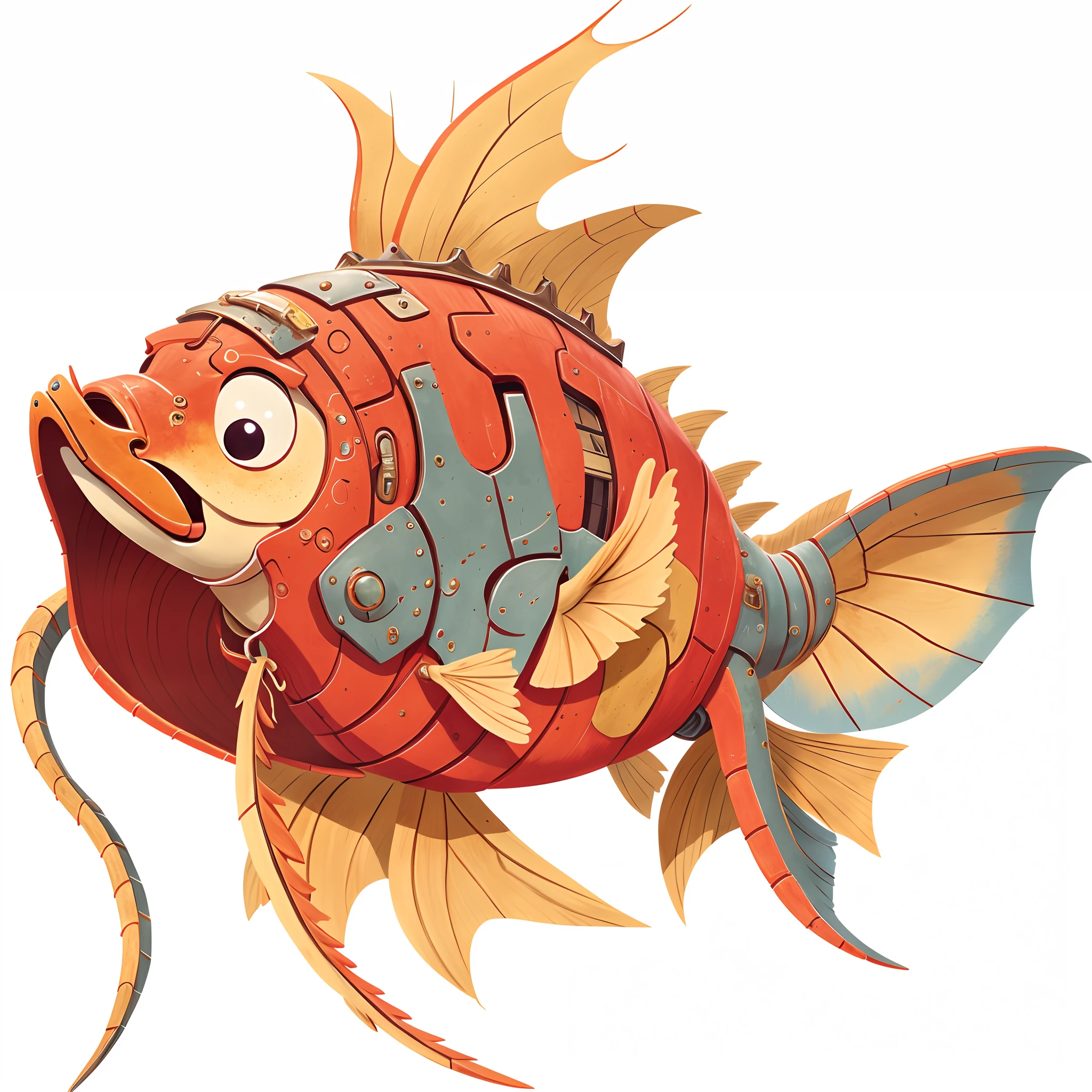 cartoon fish with a crown, fish gills, dragon whiskes, robotic, anthropomorphic warrior fish, ammor fish, danbooru, flying fish, koi, metal gold fin,🚿🗝📝, あかさたなは on twitter, uwu, by Awataguchi Takamitsu, (((high quality))), (heavy armor:1.3), (warrior), (samurai)