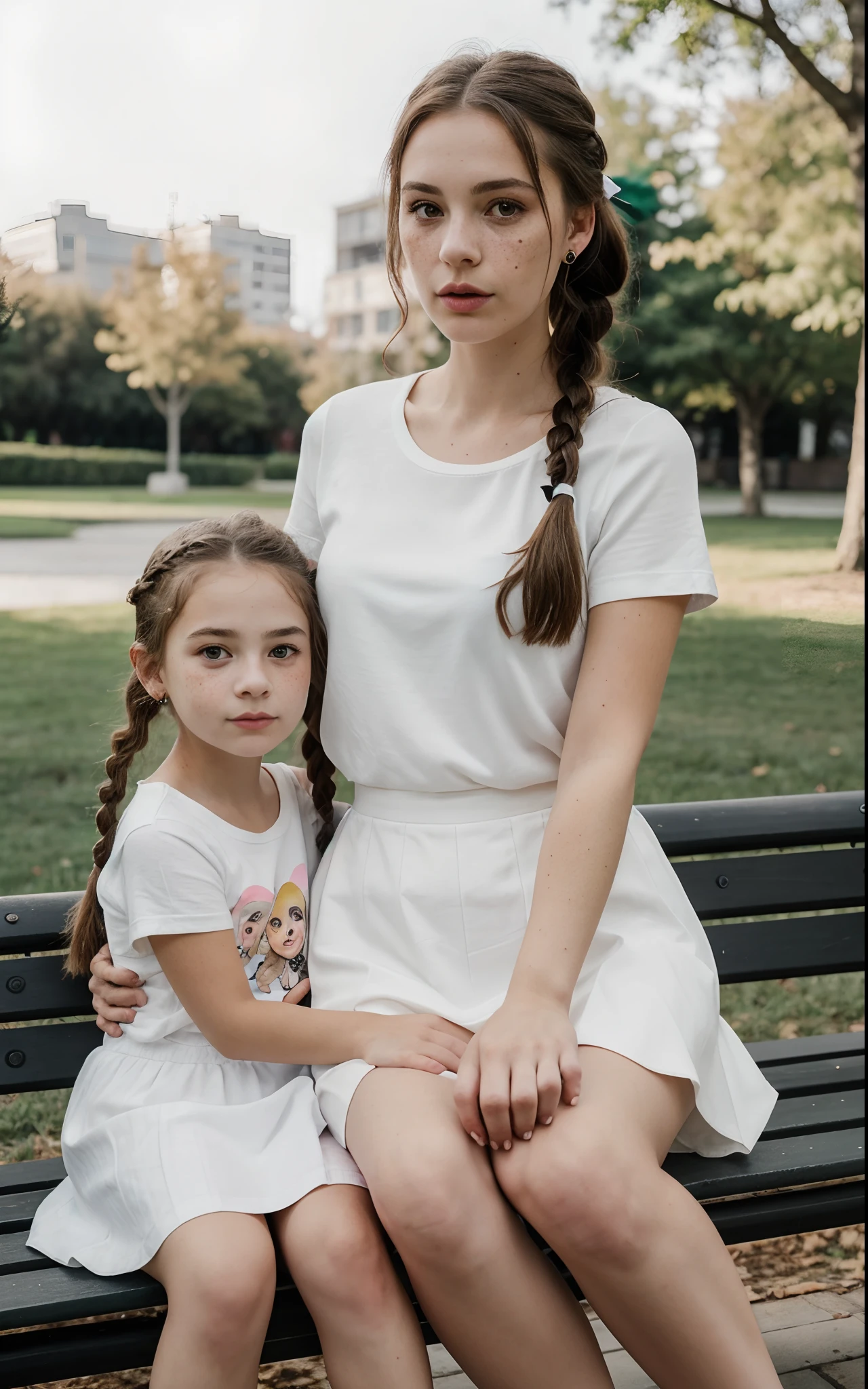 8k uhd quality, (high quality,: 1.9), high resolution, (ultra realistic: 1.9), great photo, like in real life, (photography render: 1.9), light reflection, light shadows, (beautiful Ukrainian girl: 1.9), (strange fluffy hair: 1.9), colourful hair, two braids, bow on hair, a realistic representation of the face, (large eyes: 1.5), thick eyebrows, normal ears, (plump lips: 1.5), snub nose, (acne: 0.5), (moles and freckles: 1.1), detailed skin, plump cheeks, (perfect  face: 1.7), thin neck, five fingers, normal fingers, (open mouth: 1.3), black-white short skirt, knitted T-shirt, muscular pelvis, skinny collarbone, big round boobs, full body view, (hourglass body: 1.9), (short stature: 1.9), naked legs, spread legs, (daughter sits on her mom's legs: 1.5), mother and daughter, daughter sits on mother,  two girls, the bench, correct women physiology