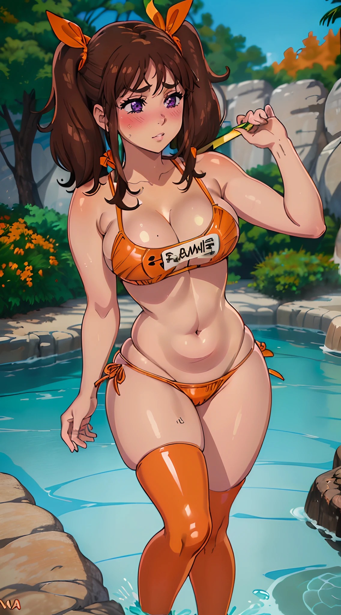 (melhor qualidade:1.3), (qualidade 4K), Diane por Nanatsu no taizai, ((Rosto detalhado)), ((body curvy)), ((corar)), ((brown hair)), ((Cabelo de rabo de porco)), (peitos grandes), clivagem, sexy, (((orange thong latex bikini))), ((piscina))