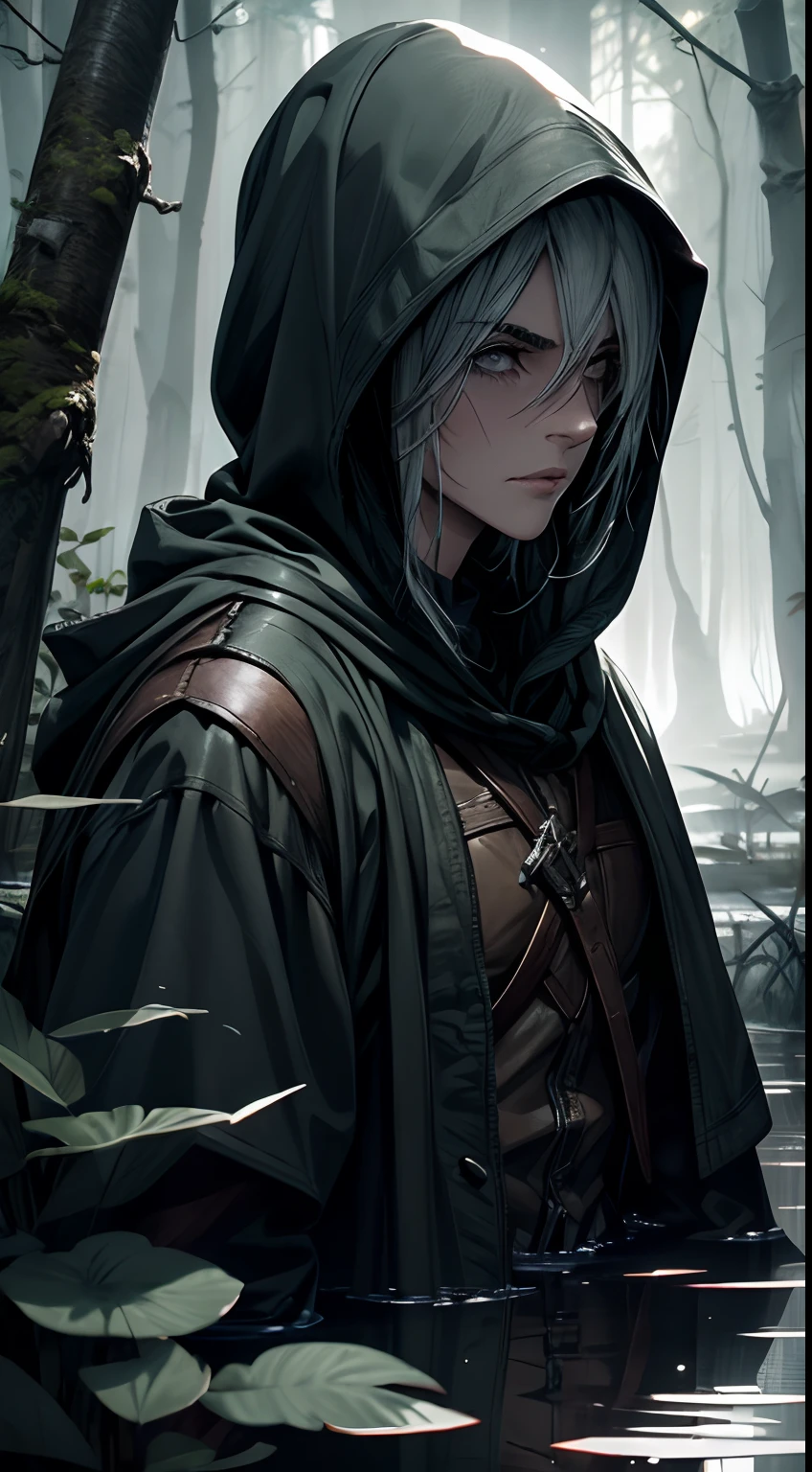 (masterpiece), best quality, a hooded witcher in a swamp, hood, spectral, coat, dark florest,mud, dirty water,green, gorgeous landscape, dangerous vibes, scary, green spectral, fog, no_humans, haunted place, 4k, wallpaper, award winner, fantasy, perfect light, dramatic light, epic, BREAK the image transmit dark feelings, an ominous florest, hidden danger,