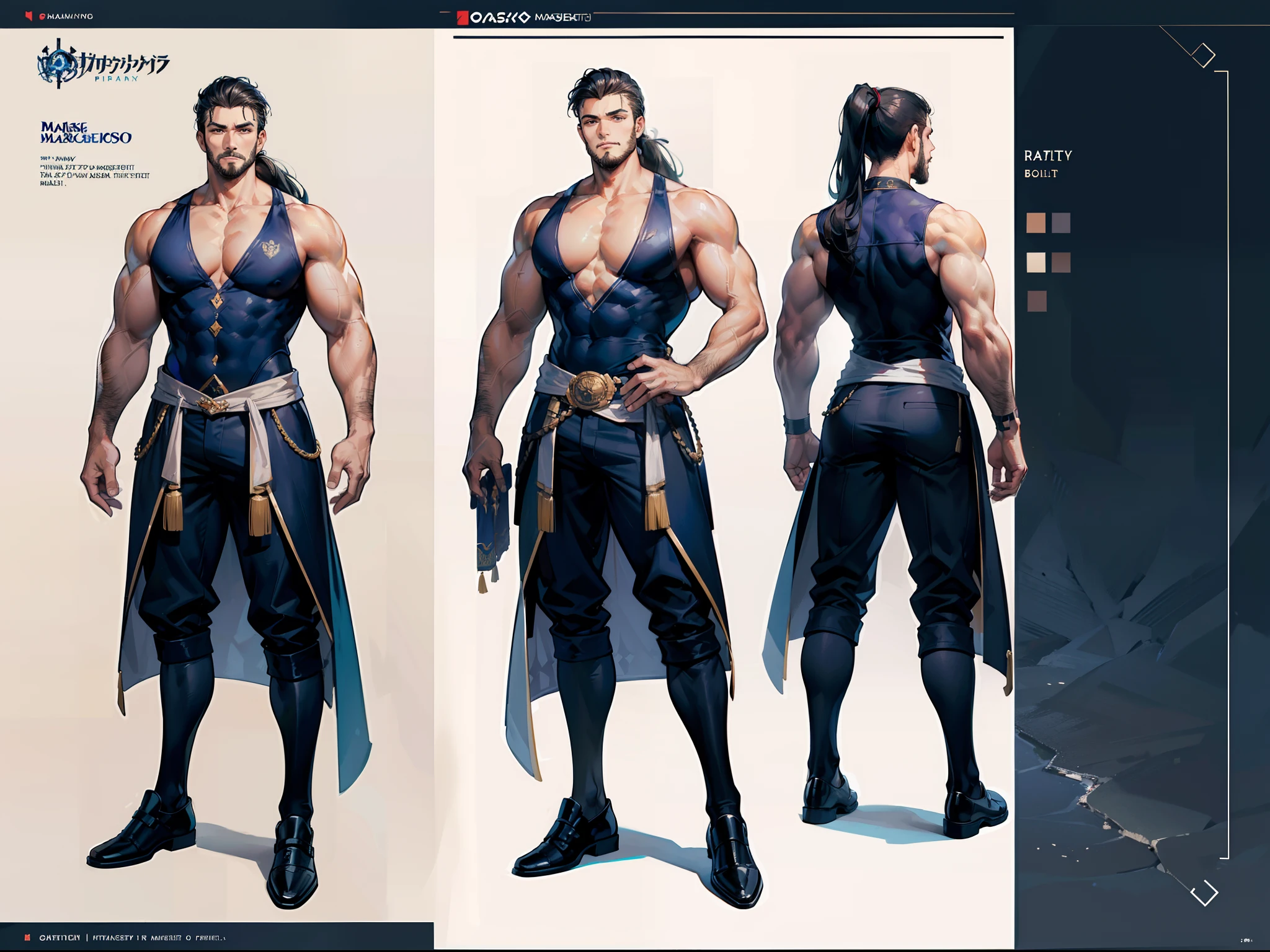 Male character design, detailed full body concept art, detailed character art, full character design, character model sheet submission, detailed character design, full body character design, ((Character design sheet, same character, forehead, side, back)) Character design, virile man, overly muscular, bulging veins, masculine face, blue eyes, short brown hair, huge biceps, bare back, wearing underwear.