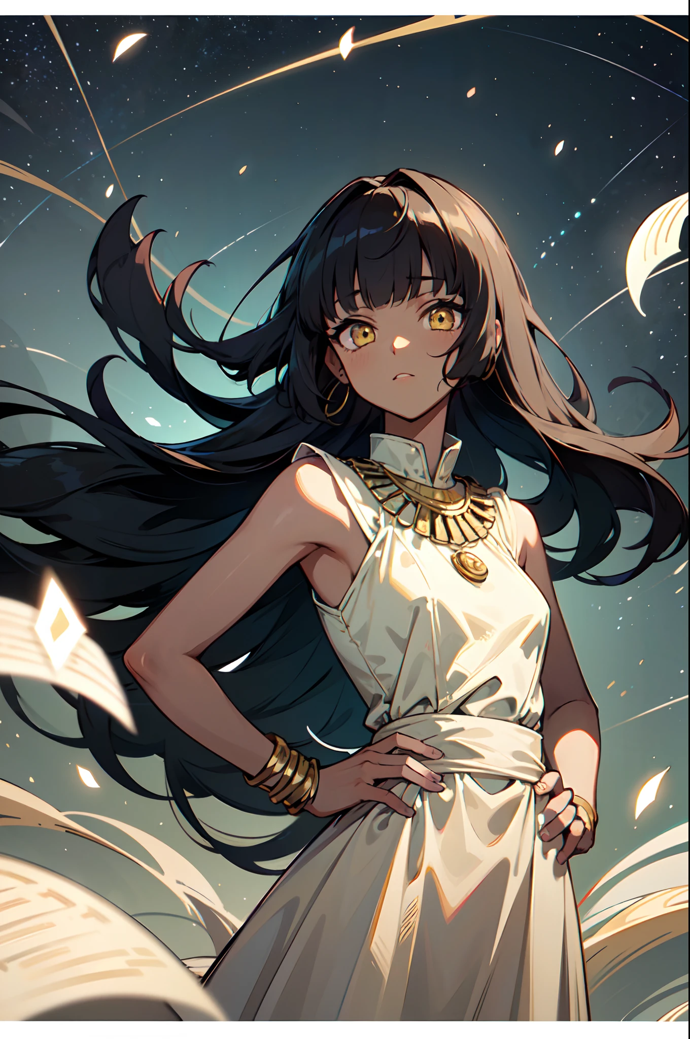 1girl, solo, teen, cute petite girl, (dark skin:1.25), black hair, (long hair, big hair), ((hime cut, blunt bangs, blunt sidelocks)), hair flowing down, messy hair, straight hair, yellow eyes, glowing eyes, egyptian clothes, colorful dress, (jade green dress, golden accesories), old fashioned clothes, (smallbreasts), inexpressive, neutral, standing, hands on hips, looking at viewer, (upper body), (impressionism, starry night, abstract background, floating), masterpiece, best quality, 16k