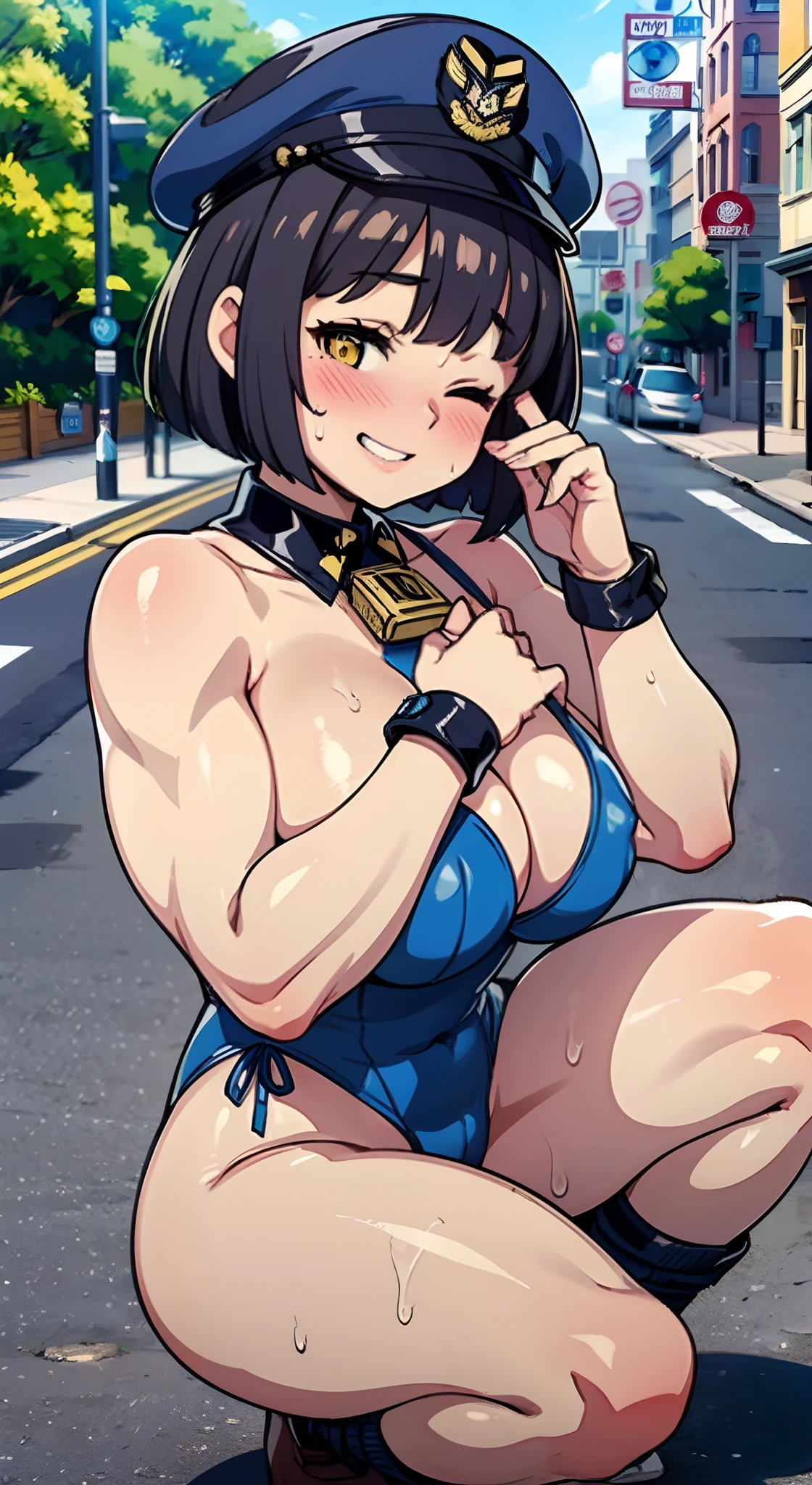 (Perfect body),Best Quality,(8K Portrait),(Official art)、(NSFW)、(((muscular)))、(Police Hat)、embarrassed from、1girl in,(Grinning smile)、((One eye is closed))、showing teeth、(((thick thighs)))、 ((Surprised))、(((blush))),(Sweat),((((large udder))))、(big butts)、(Dark hair),((bob cuts)),Short hair, (Yellow eyes),(((Navy blue leotard)))、Black knee socks、((squatting))、(In the street)、