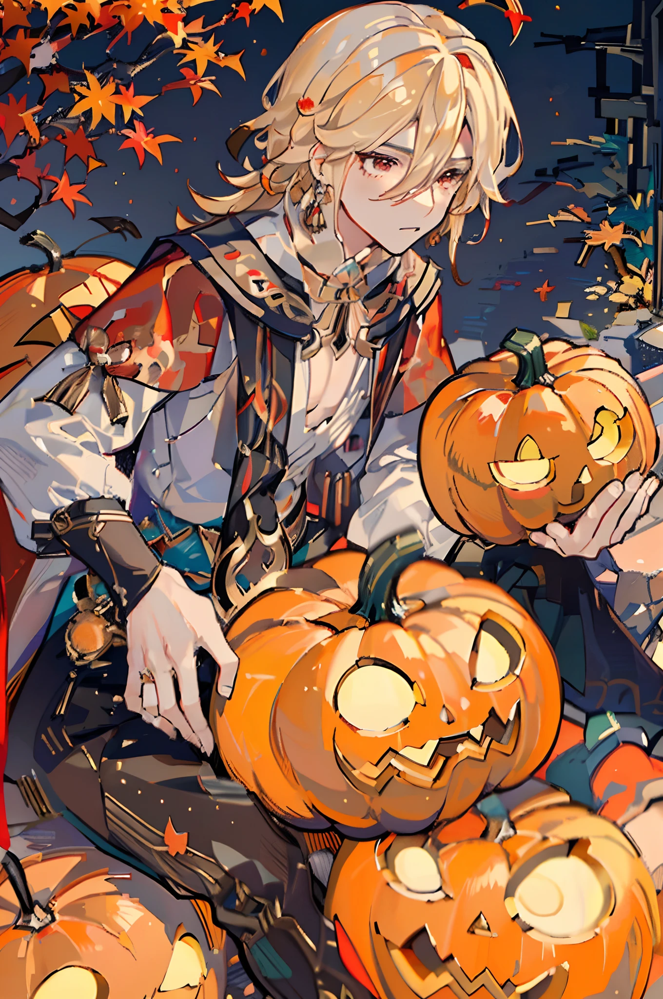 ((masterpiece, best quality)), ((autumn, maple leaf, autumn orange leaves)), kaveh, blond hair, red eyes, ((black pants)), feather hair ornament, white shirt with red details and embroidery, 1man solo, ((carving a pupking for halloween)) ((pumpkin patch))