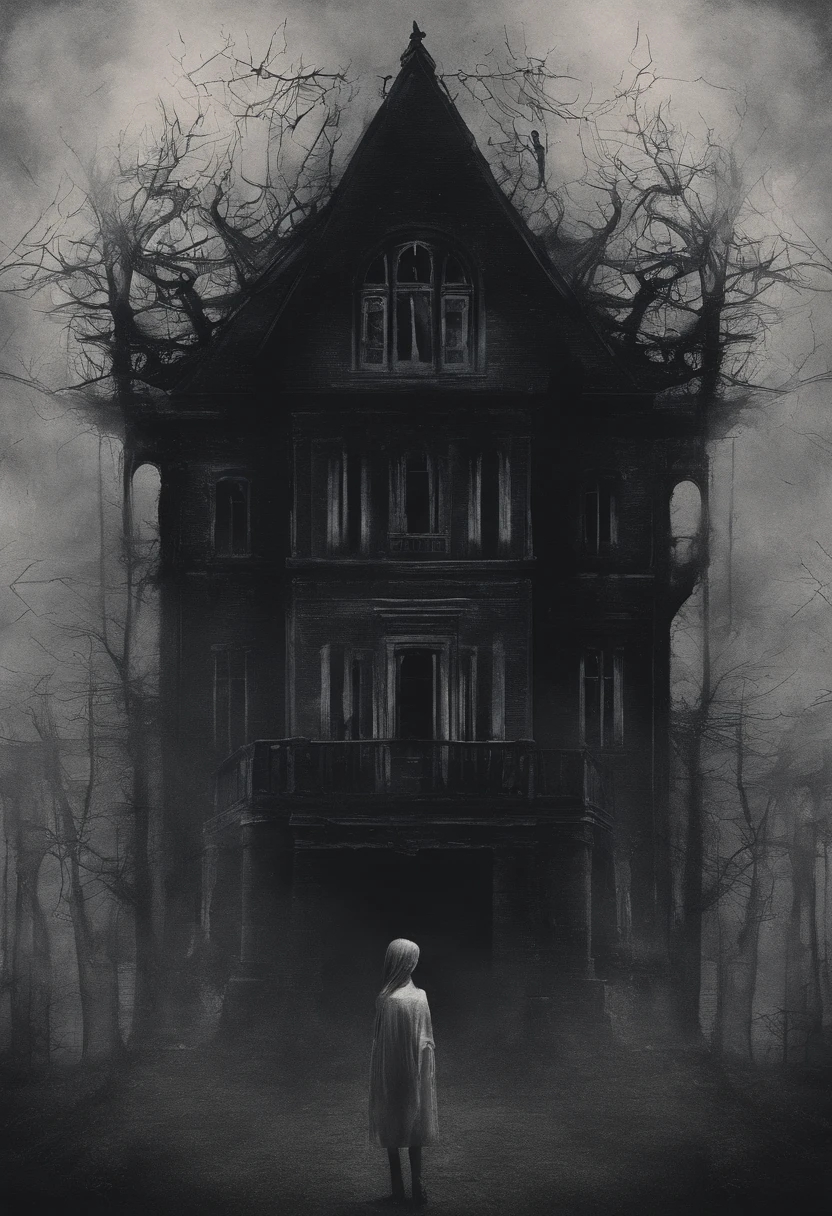 Ao ar livre,Sob uma lente grande angular, The horizon is infinite, The mist is dark, The vast earth is dark, There are some broken remains of Gothic houses in the night fog, The whole environment is reflected in the light white moonlight, In the middle of the photo is a male figure, Na frente do homem, Mulher simples com cabelo curto, Tudo ao redor, quieto, The whole image is black and gray, There is light and shadow and a red figure