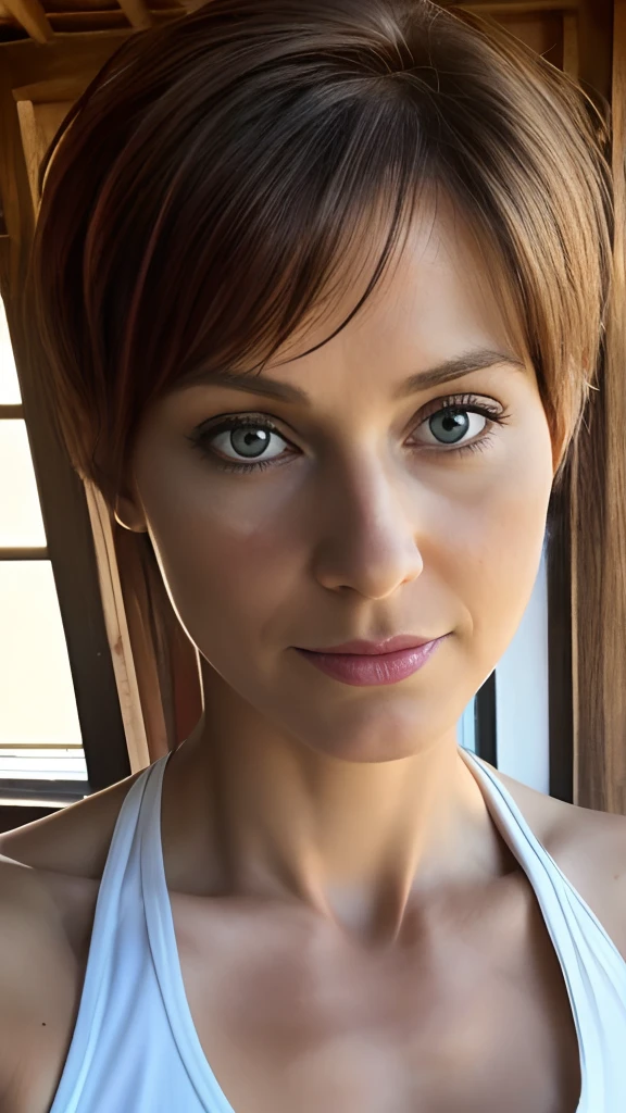 1girl, ((milf)), hot, taken with iphone, iphone x, hd, farm, abode, small cottage, wooden cottage, tank top, beautiful, widow woman, american, 4k, 8k, photorealism, realism, realistic skin pores, sweating, insane details, RAW photo, highly detailed, ginger hair, natural skin texture, 4k texture, hyperdetailed, short hair, soft light, looking at viewer, hot girl, hot milf, smartphone photo, ((no makeup)), sweet woman, (evening), 50 years old, selfie for boyfriends, lonely girl