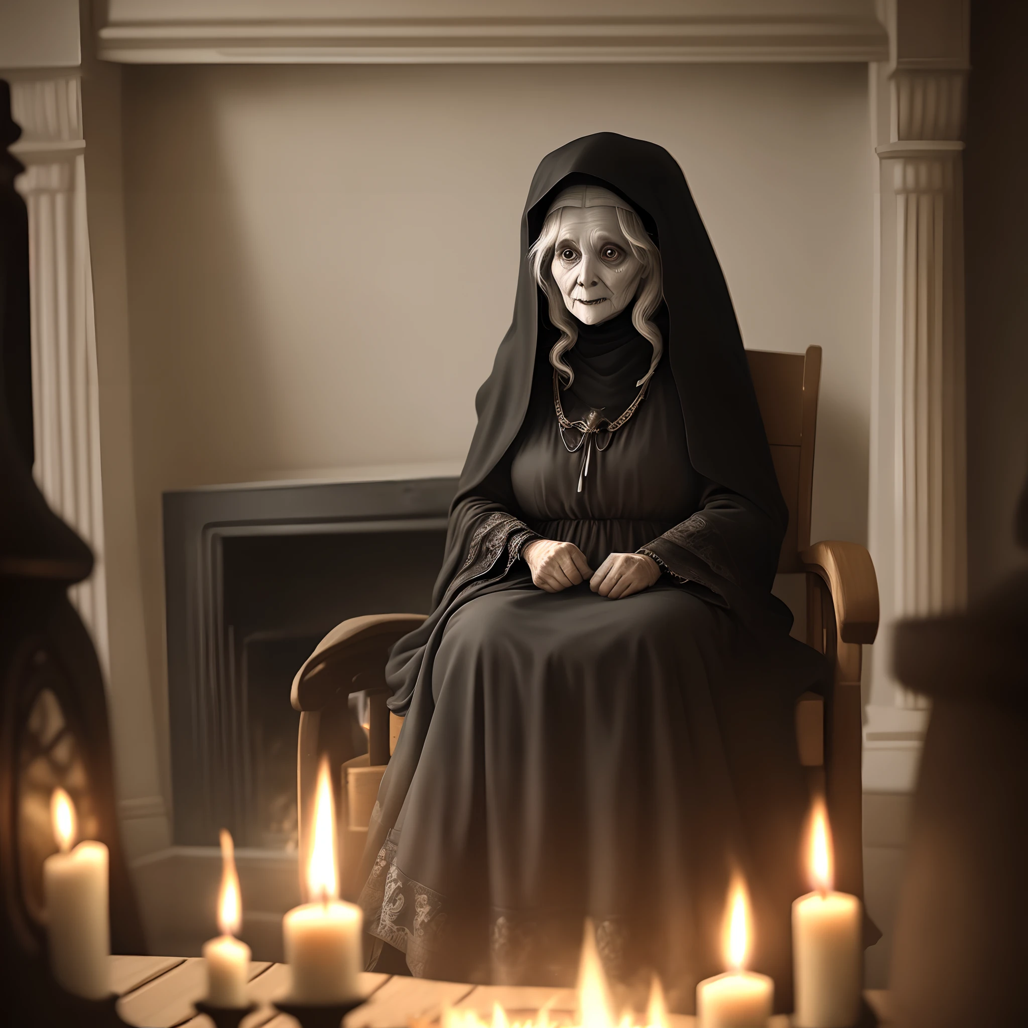 Gypsy Old woman in black old-fashioned dress sitting by the fireplace in a rocking chair face covered with a veil blurred shiny eyes. scary horror scene superjalist photo. semi-darkness, shaded room, burning candles here and there.