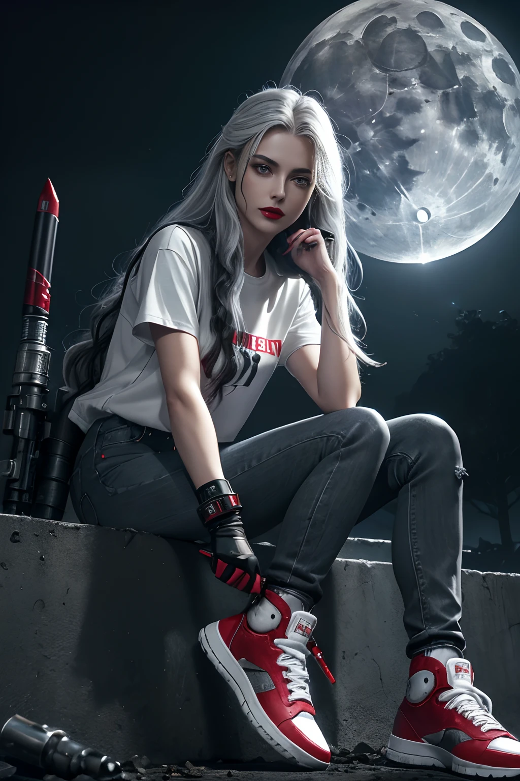 (Sci-fi fantasy), (Masterpiece), (professional oil painting) (best quality), (8k resolution), (1 beautiful girl), ((pale gray skin)), (iron gray skin), ((jeans clothes)),(red jacket)), ((black t-shirt underneath), ((red lipstick)), ((black sneakers)), (comcept art), small chest, (long hair), (messy hair), (white hair), (iron gray hair), ((with futuristic weapon)), (ammunition), ((moonlight of the night)), (sitting thinking))