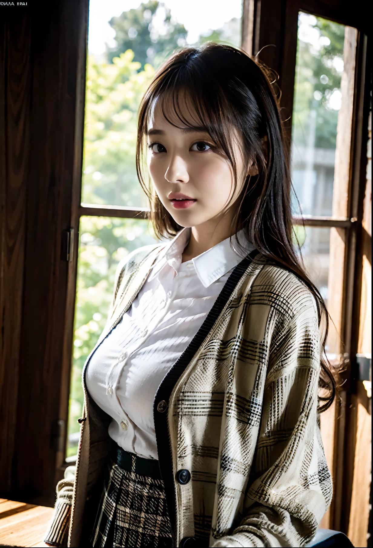 (Raw foto:1.2), (Photorealsitic:1.4), Beautiful Alafed Japan Girls, 详细的脸, A detailed eye, Detailed lips、 hight resolution,  top-quality, ​masterpiece, ((Long-sleeved cardigan、Plaid OL Lady Uniform、Black skinny skirt))、8k wallpaper, finely detail, face lights, Cinematographic lighting、22year old、1girl in、