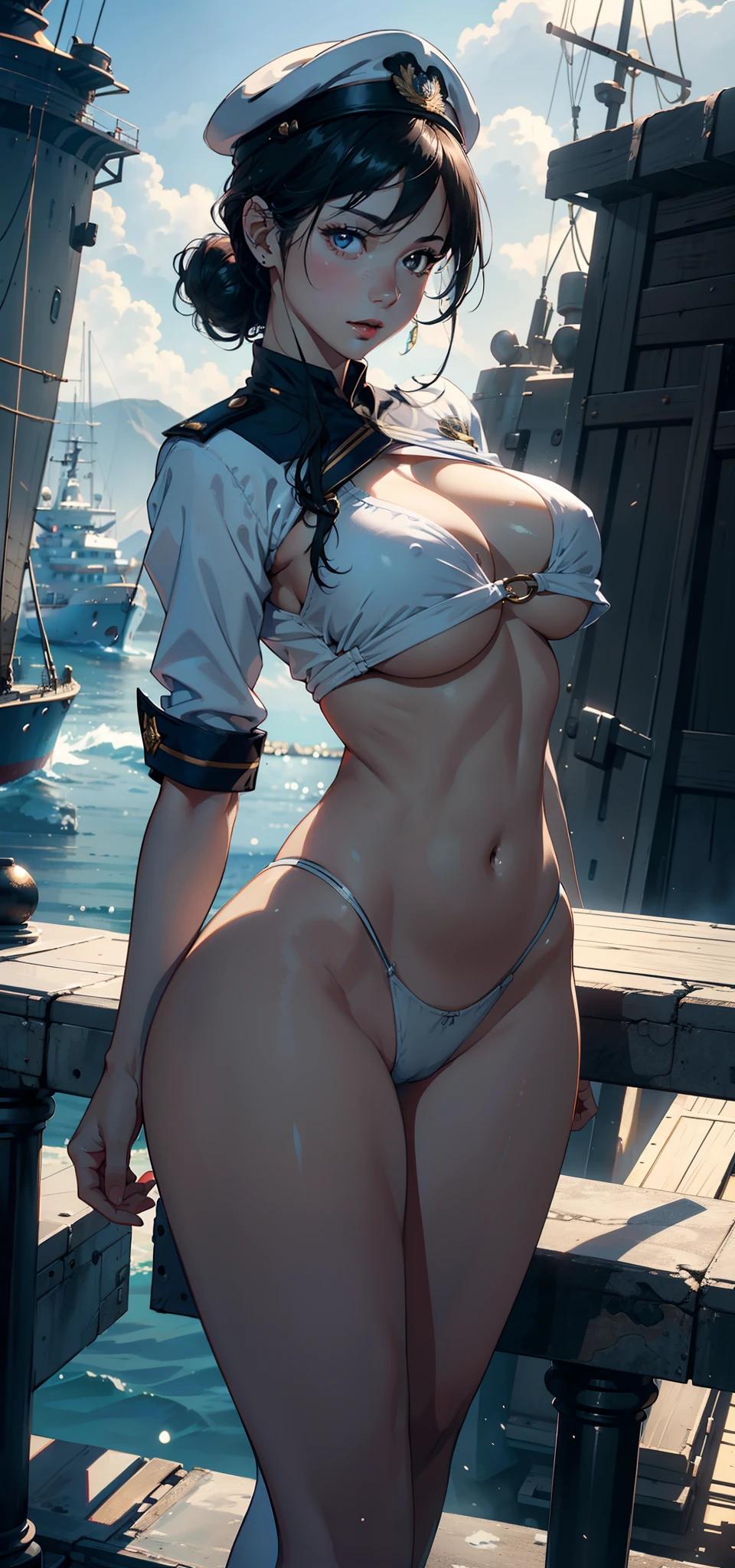 1female，35yo，plumw，extremely large bosom，Big breasts Thin waist，Long legs， 独奏，（Background with：，Mare，warships），legs are open，Bare genitalia，Bare ， She has short black hair，Stand on a warship，seen from the front， single hair bun， mostly cloudy sky，（（（tmasterpiece），（Very detailed CG unity 8K wallpaper），best qualtiy，cinmatic lighting，detailed back ground，beatiful detailed eyes，Bright pupils，Black eyes，Snow-whiteskin，Redlip（Very fine and beautiful），（Beautiful and detailed eye description），ultra - detailed，tmasterpiece，））facing at camera，A high resolution，ultra - detailed），revealing breasts，Bare genitalia，  Bulge，legs are open，Raised sexy，Camel toes，Flushed complexion，Desire for dissatisfaction，frontage，British Navy，Blue and white sailor suit，Sailor's cap