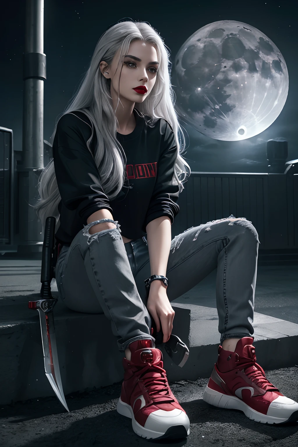 (Sci-fi fantasy), (Masterpiece), (professional oil painting) (best quality), (8k resolution), (1 beautiful girl), ((pale gray skin)), (iron gray skin), ((jeans clothes)),(red jacket)), ((black t-shirt underneath), ((red lipstick)), ((black sneakers)), (comcept art), small chest, (long hair), (messy hair), (white hair), (iron gray hair), ((with futuristic weapon)), (ammunition), ((moonlight of the night)), (sitting thinking))