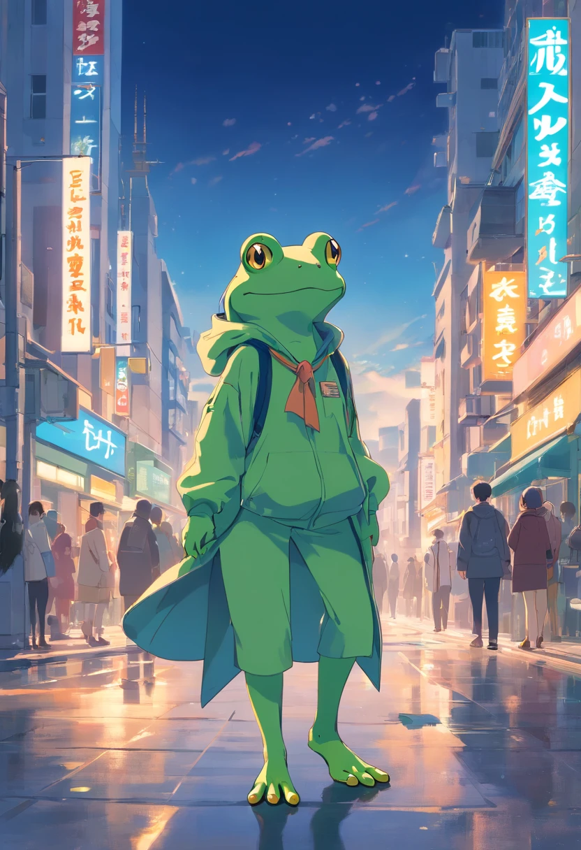 ((foto crua)), ((obra-prima)), anthropomorphic humanoid frog wearing clothes, andando no meio das pessoas, patas grandes detalhe intrincado, intricate Greebles pieces, city behind, corpo grande