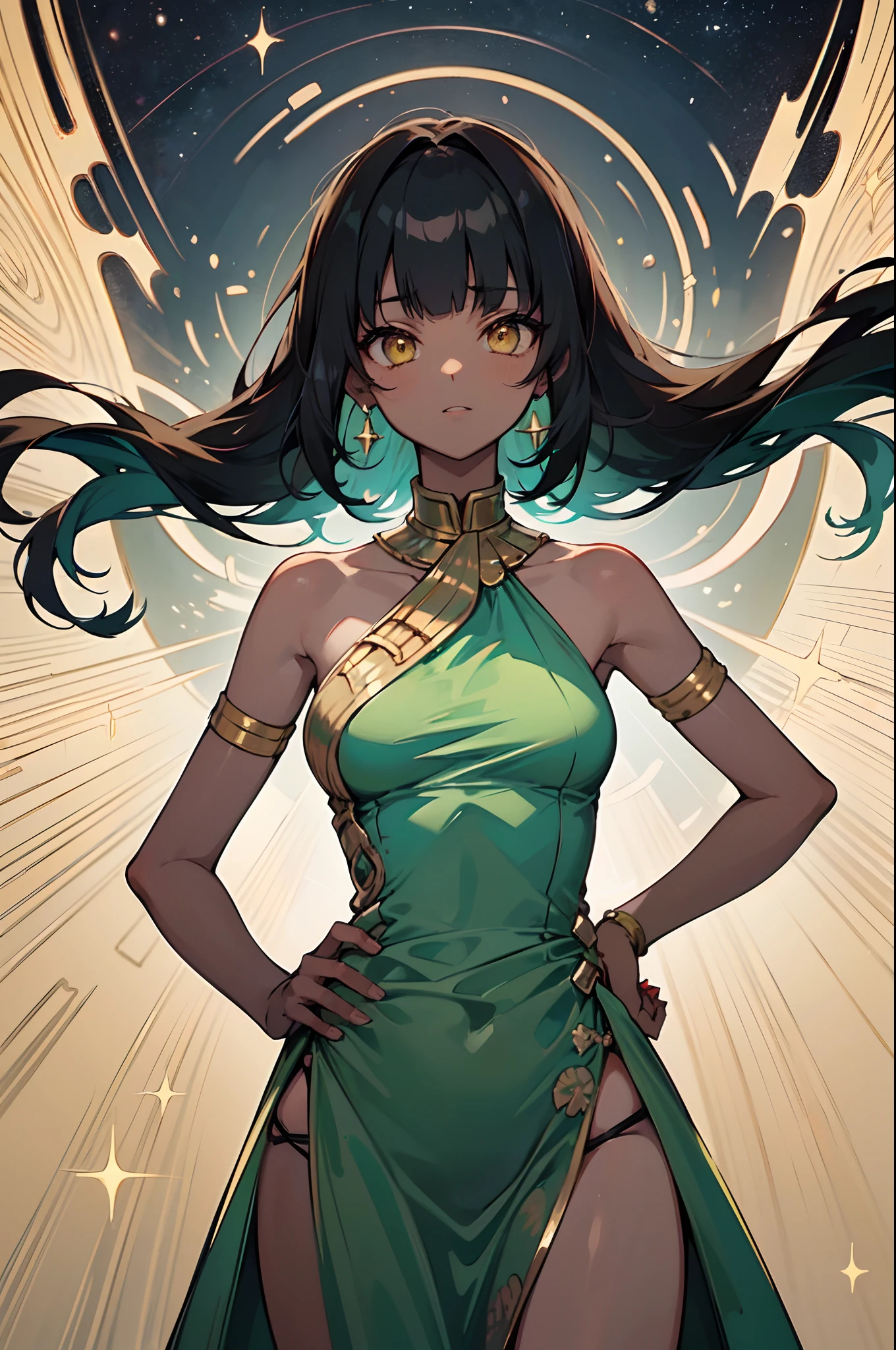 1girl, solo, , cute petigirl, (dark skin:1.25), black hair, (long hair, big hair), ((hime cut, blunt bangs, blunt sidelocks)), hair flowing down, messy hair, straight hair, yellow eyes, glowing eyes, egyptian clothes, colorful dress, (jade green dress, green dress, pelvic courtain, gold accesories, golden accesories), old fashioned clothes, (smallbreasts), inexpressive, neutral, standing, hands on hips, looking at viewer, (upper body), (impressionism, starry night, abstract background, floating), masterpiece, best quality, 16k