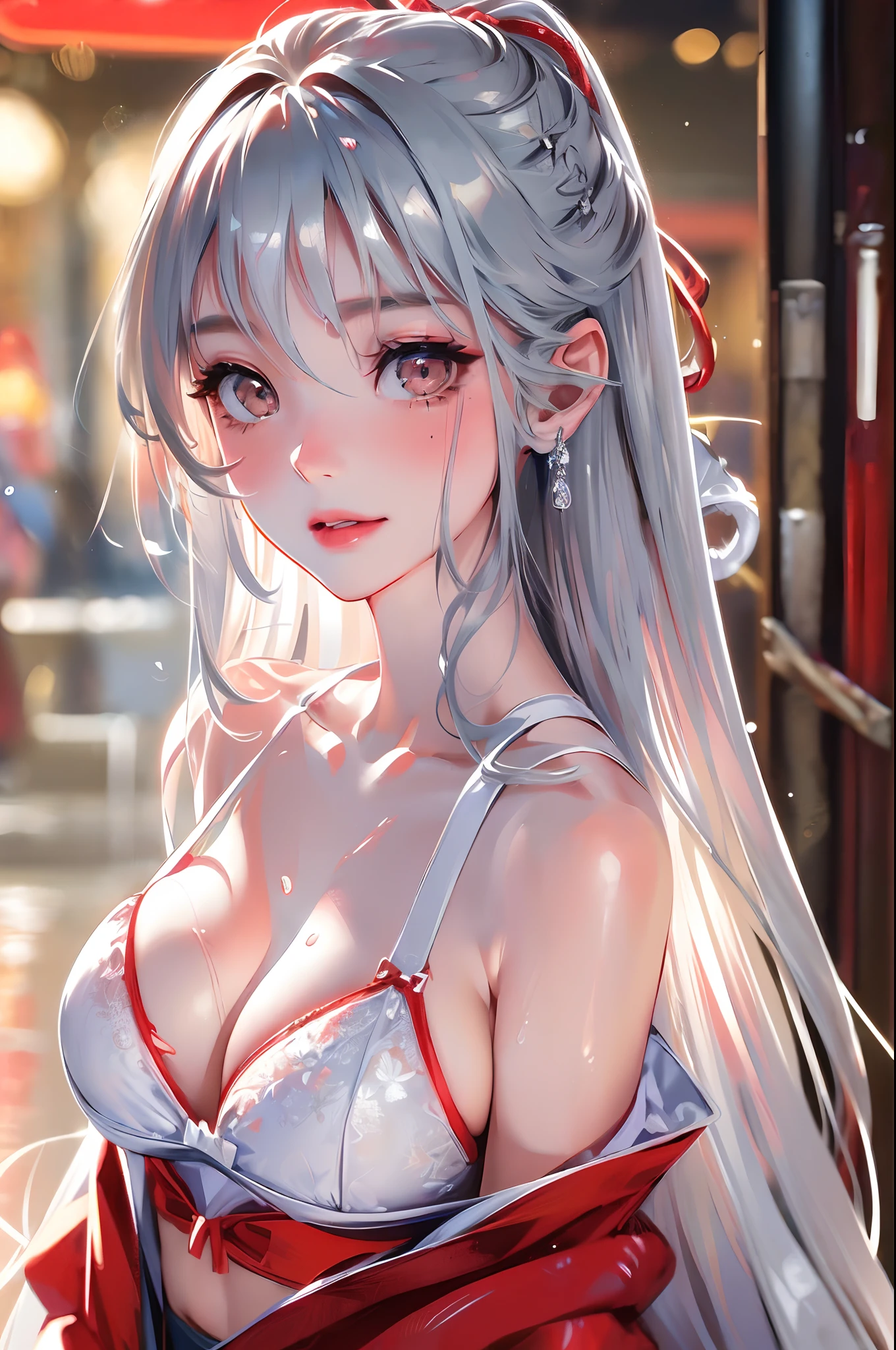 (Best Quality, 8k, 32k, Masterpiece, UHD:1.3), (Photo of Attractive Japanese Woman), ((1 Girl)), ((medium breast:1.3)), Abs, Perfect Body, Ultra Detailed Face, Detailed Lips, Fine Eyes, double eyelids, beautiful girl, jaw-dropping beauty, ((silver long hair:1.2)), ((only red satin underwear:1.1)), visible breast, ((close up to upper body)), smiling beautifully, sunlight illuminated her,((shy)),((blushing)), in love, very wet