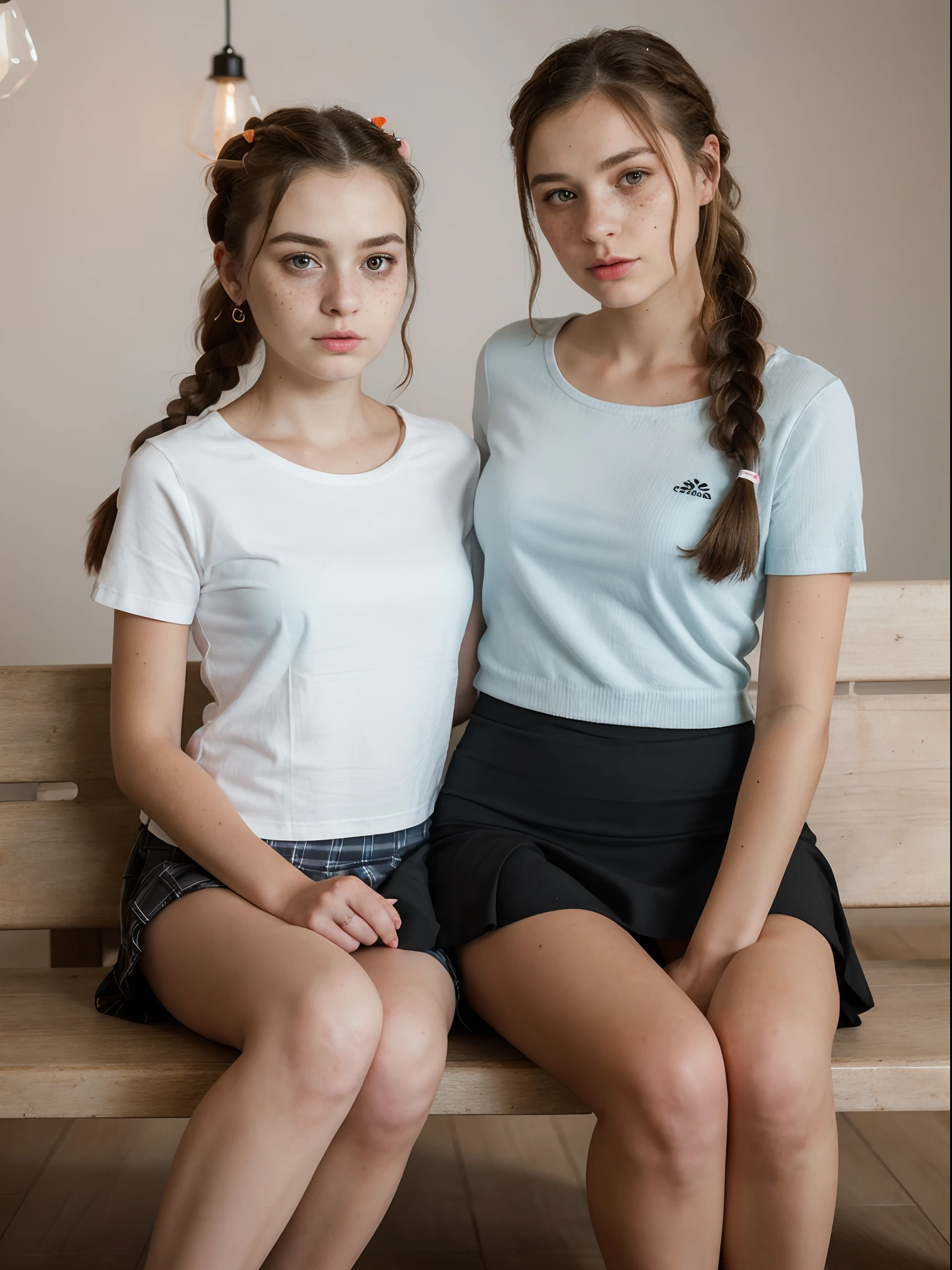 8k uhd quality, (high quality,: 1.9), high resolution, (ultra realistic: 1.9), great photo, like in real life, (photography render: 1.9), realistic optical physics, light shadows, (beautiful Ukrainian girl: 1.9), (strange fluffy hair: 1.9), colourful hair, two braids, bow on hair, a realistic representation of the face, (large eyes: 1.5), thick eyebrows, normal ears, (plump lips: 1.5), snub nose, (acne: 0.5), (moles and freckles: 1.1), detailed skin, plump cheeks, (perfect face: 1.7), thin neck, five fingers, normal fingers, (open mouth: 1.3), black-white short skirt, knitted T-shirt, muscular pelvis, skinny collarbone, big round boobs, full body view, (hourglass body: 1.9), (short stature: 1.9), naked legs, spread legs, (daughter sits on her mom's legs: 1.5), mother and daughter, daughter sits on mother, two girls, the bench, correct women physiology, red room with red lighting