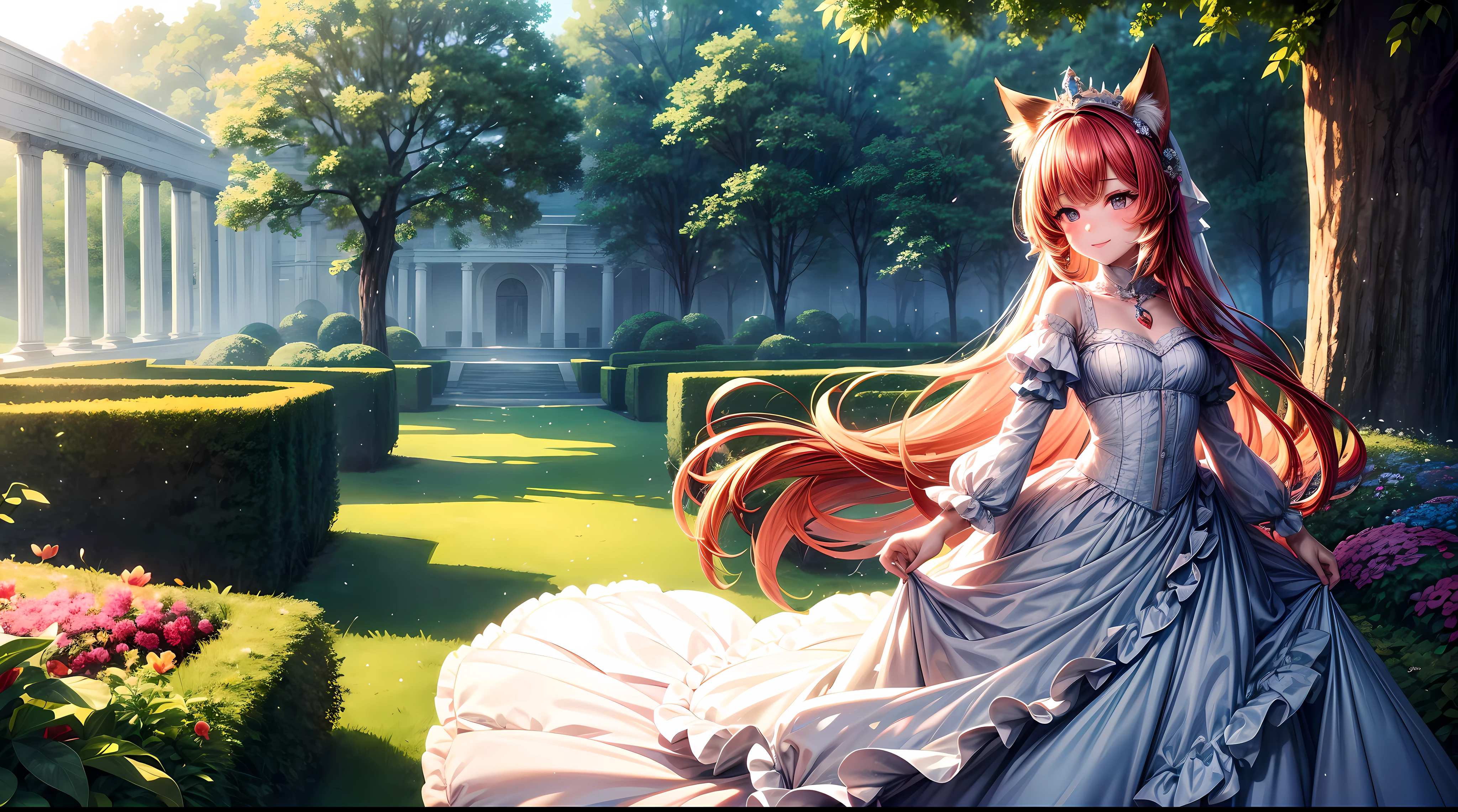 Once upon a time, in a distant land, there lived a fox princess named Isabella. She resided in a magnificent castle surrounded by vast, lush gardens that seemed to stretch on forever. The gardens were adorned with the most vibrant and fragrant flowers, and a beautifully sculpted hedge ran along the perimeter, giving the castle an air of enchantment and mystery.
One sunny afternoon, Princess Isabella decided to explore the royal garden. She donned her finest gown and a crown of delicate flowers, and she made her way to a secluded part of the garden where a particularly enchanting hedge stood. This hedge was so thick and tall that it created a living wall of emerald leaves and colorful blossoms.
As she strolled along the garden path, she noticed a small gap in the hedge, just big enough for her to peek through. Curiosity piqued, she bent down and gazed through the gap. What she saw on the other side warmed her heart.
There, in a small clearing, was a lively young fox girl named Lily. Lily had a playful spirit, and she was dancing among the flowers, her fluffy tail twirling like a ribbon in the wind. Her laughter was as sweet as the melody of a songbird, and she seemed to radiate pure joy.
Princess Isabella watched in wonder as Lily leaped and twirled, her vibrant red fur contrasting beautifully with the colors of the blossoms around her. Lily was completely immersed in her playful world, unaware of the princess's presence.
As Isabella continued to watch, she couldn't help but smile. She admired Lily's carefree spirit and the way she embraced the simple joys of life. It was a moment of pure serenity, and the princess felt a deep connection with the young fox.
Before she left, Princess Isabella whispered a thank you to the hedge for giving her the opportunity to witness such beauty and joy. She then continued her stroll through the garden, feeling grateful for the magical world that surrounded her and the newfound inspiration she had discovered through the playful
