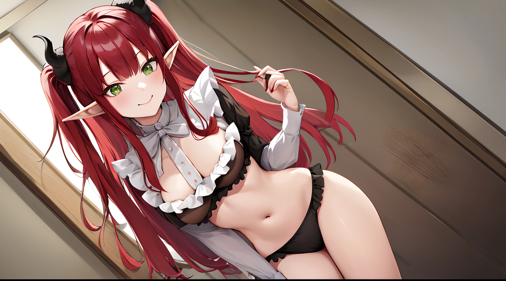 masterpiece, best quality, highres, kitagawa marin, 1girl, red hair, two side up, long hair, green eyes, pointy ears, demon horns, navel, demon tail, demon wings, long sleeves, frilled shirt collar, frilled panties, smile, cowboy shot, indoors, straight-on, arms at sides, large breasts,