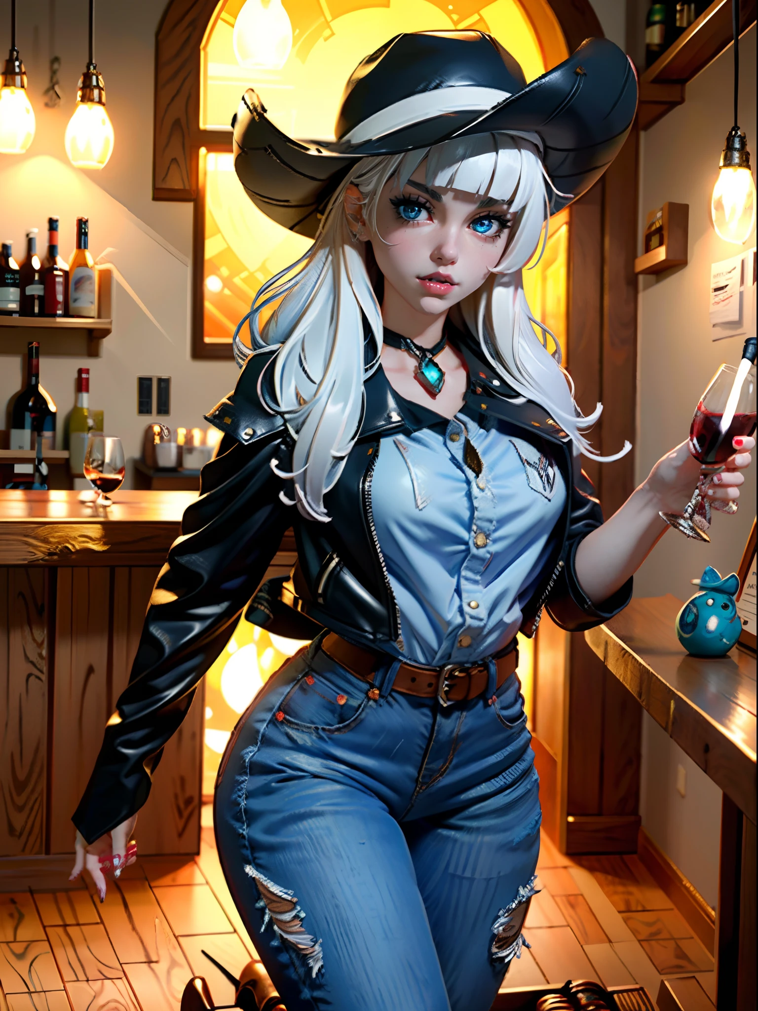 An action figure of a charismatic white banged hair goddess woman dressed like a cowgirl, (cowboy hat), leather jacket, jeans, hair with bangs, Pop up parade figure by hot toys and Kotobukiya, anime figure, gorgeous, beautiful cute face, blue anime eyes, vampire fangs, ((cowboy-shot)) close-up of a girl villain, drinking an wine on a bar at night, action film, detailed, film grain, grainy, gorgeous and sensual, realistic shadows and lighting, neon lights, glow