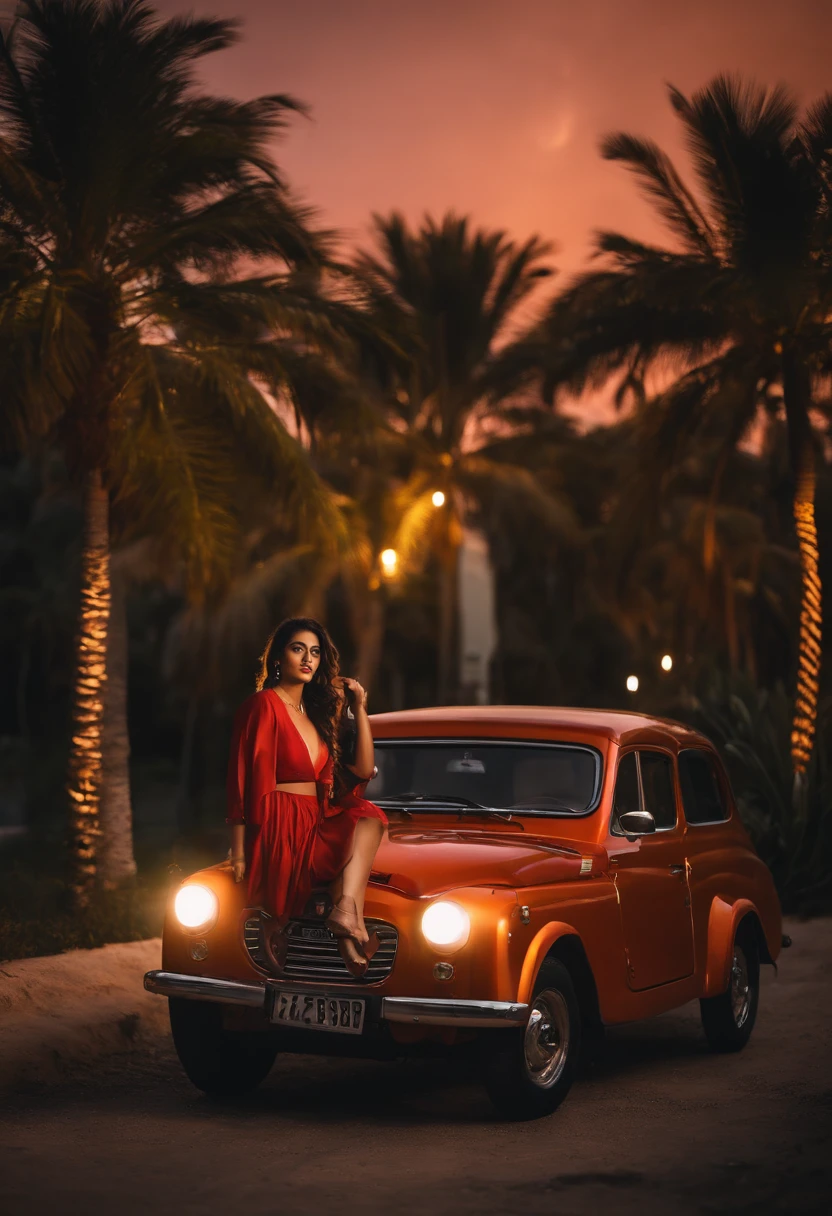 40k, RAW photo, best quality, masterpiece: 1.2), (realistic, photorealistic: 1.37),A young Turkish girl at Miami ,retro vibes along with a Mahindra Scorpio /India , enjoying nightscape , near palm trees , wearing khadi brand suit , Mehwish Hayat