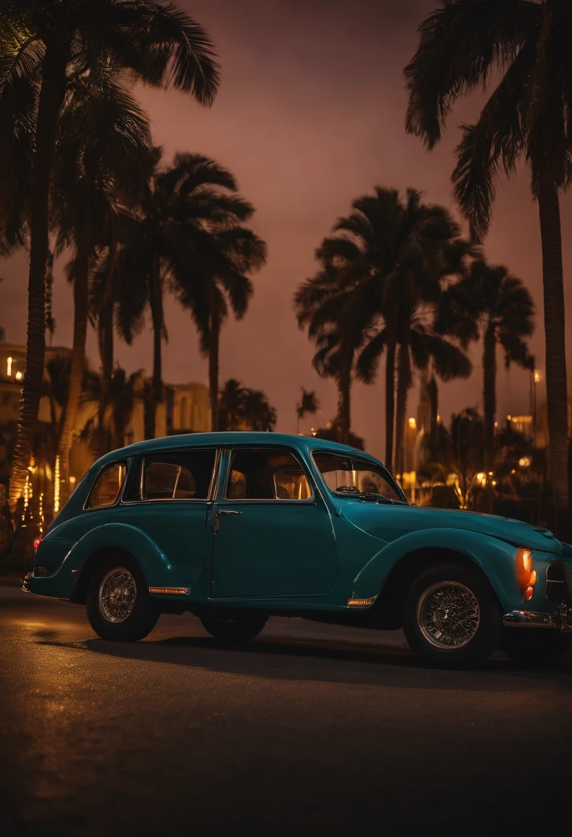 40k, RAW photo, best quality, masterpiece: 1.2), (realistic, photorealistic: 1.37),A young Turkish girl at Miami ,retro vibes along with a Mahindra Scorpio /India , enjoying nightscape , near palm trees , wearing khadi brand suit , Mehwish Hayat