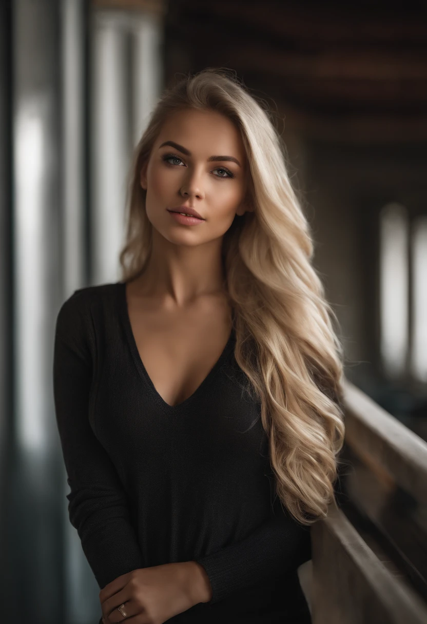 1Girl 18 years old, nur, Lange Haare, midsize boobs, Blick auf den Betrachter, blondes Haar, nackte Schultern, braune Augen, Schmuck, full entire body, Halskette, schulterfrei, pullover, lips, realistisch, Nase, Flirten mit der Kamera