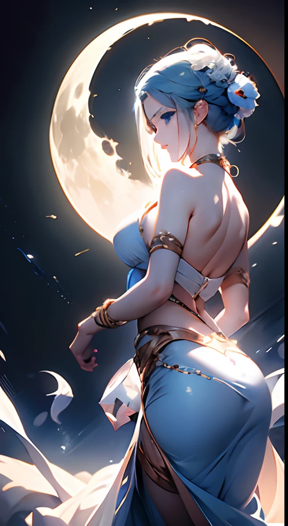Profile of the goddess of the moon、silber hair、sky-blue eyes、masterpiece、highcontrast、cinematlic lighting、Detailed shading、top-quality、Top image quality