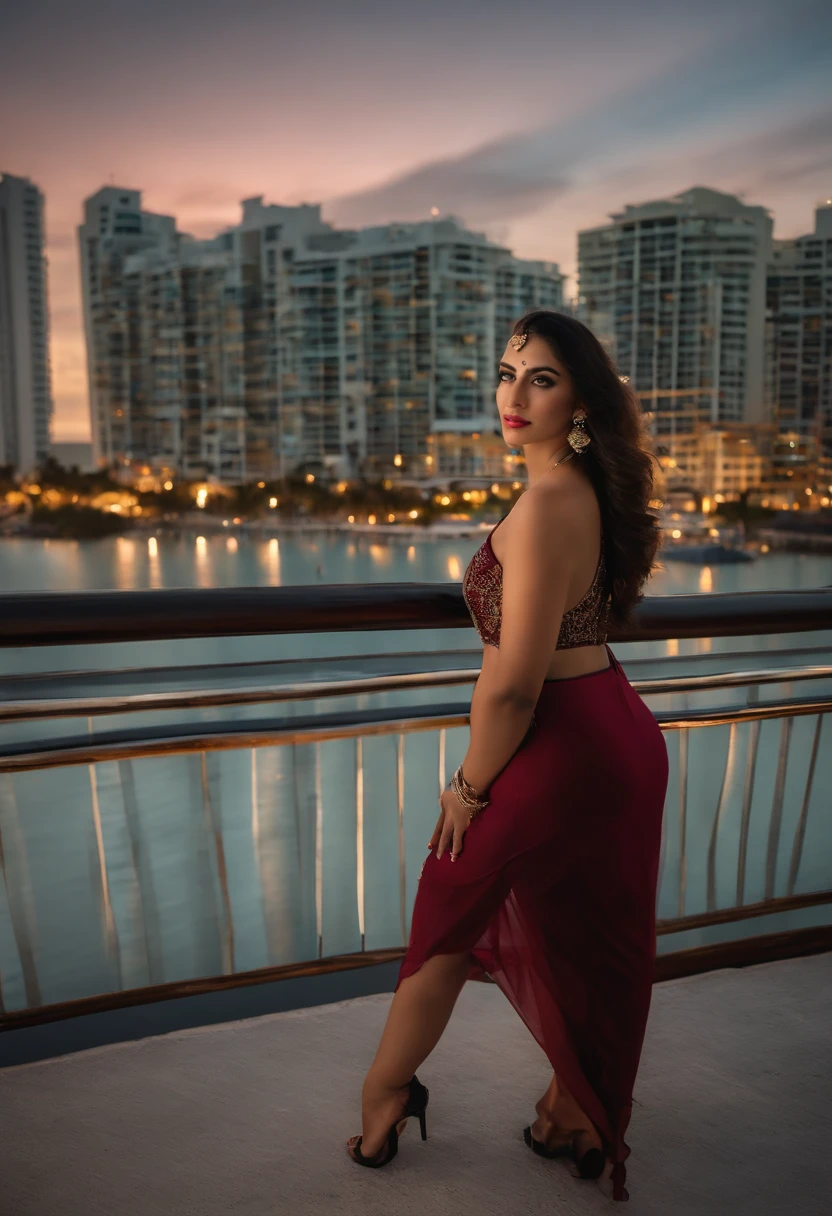 40k, RAW photo, best quality, masterpiece: 1.2), (realistic, photorealistic: 1.37)A 21 Year solo Turkish young woman , At Miami Beachside hotels ,GTA vice city vibes, beside Mahindra Scorpio /India nightscape .wearing black Saree, Mehwish Hayat