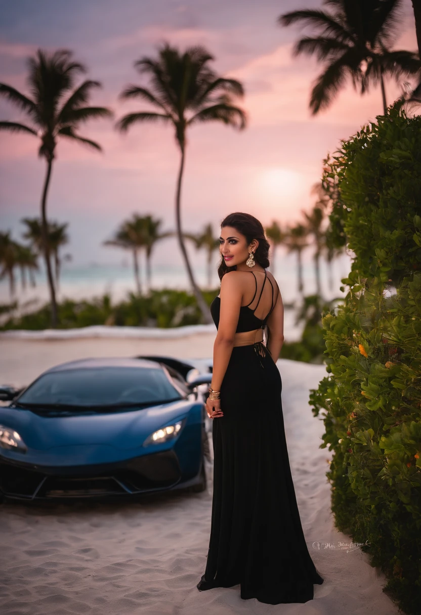 40k, RAW photo, best quality, masterpiece: 1.2), (realistic, photorealistic: 1.37)A 21 Year solo Turkish young woman , At Miami Beachside hotels ,GTA vice city vibes, beside Mahindra Scorpio /India nightscape .wearing black Saree, Mehwish Hayat