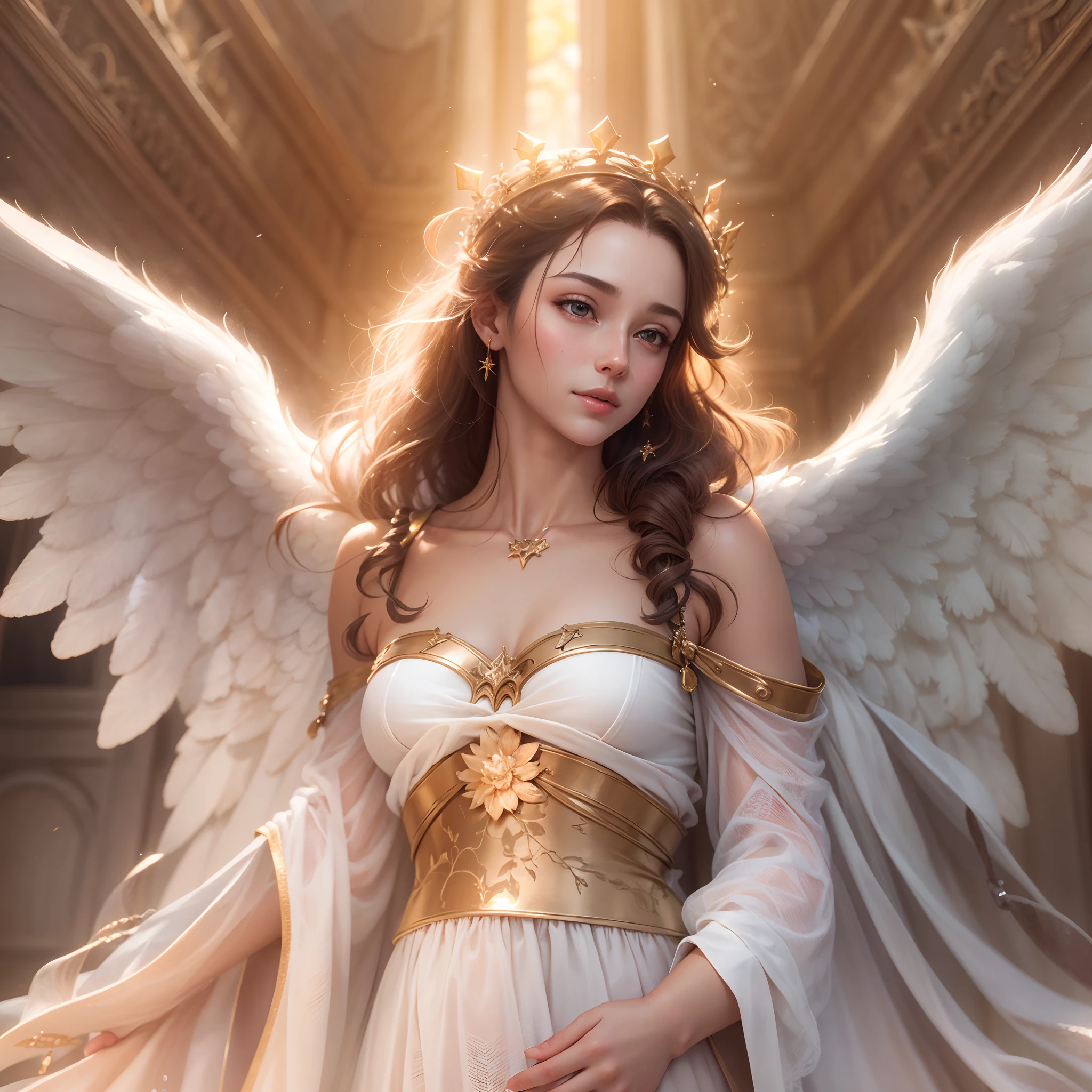 masterpiece, top quality, 8K, real person, realistic, very dense CG, shiny skin, fully focused, heaven, divine glory, radiant, angel, blessing, happiness,