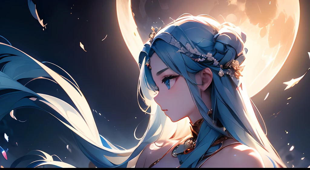 Profile of the goddess of the moon、silber hair、sky-blue eyes、​masterpiece、highcontrast、cinematlic lighting、Detailed shading、top-quality、Top image quality