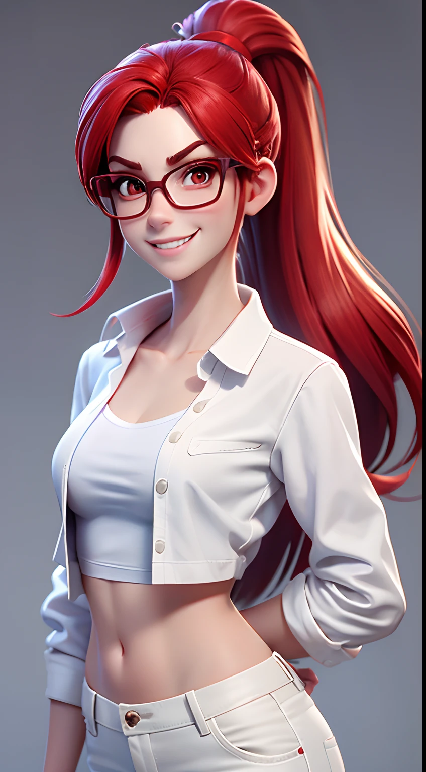 thin western girl face with red hair, hair tied in a ponytail no bangs in hair, small breasts, wearing gray glasses, dressed in white pants, white t-shirt and white coat. with an evil smile and posing with  red background,Pixar Disney Estilo Cartoon