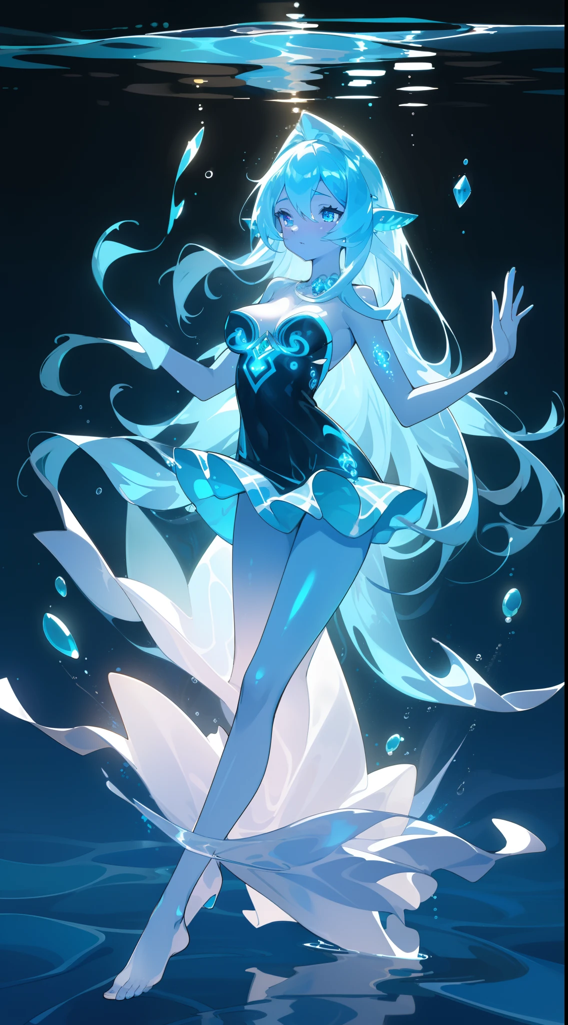 (masterpiece), best quality,floating, 1girl, (tight water themed dress), water styled dress,mini skirt,((full_body)), fit female,, goddess, nymph, medium breasts, perfect eyes, sexy, shiny skin,swiming in the sea,bioluminescent hait, glowing body,long hair,elve ear,((blue skin))