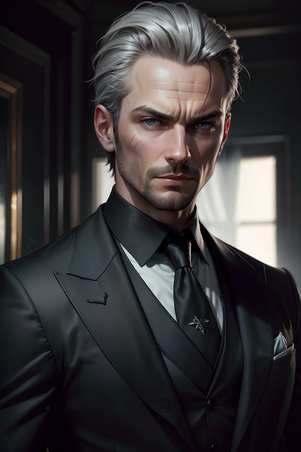 (realism:1.2|very realistic:1.2),(Best quality|High quality|Excellent quality), ultra realist, Homme noir chauve, Mysterious shadows, expression faciale neutre, pose frontale, wearing an elegant silver suit, Structure des objets mis en surbrillance , tons chauds et sombres, Marked and detailed textures,